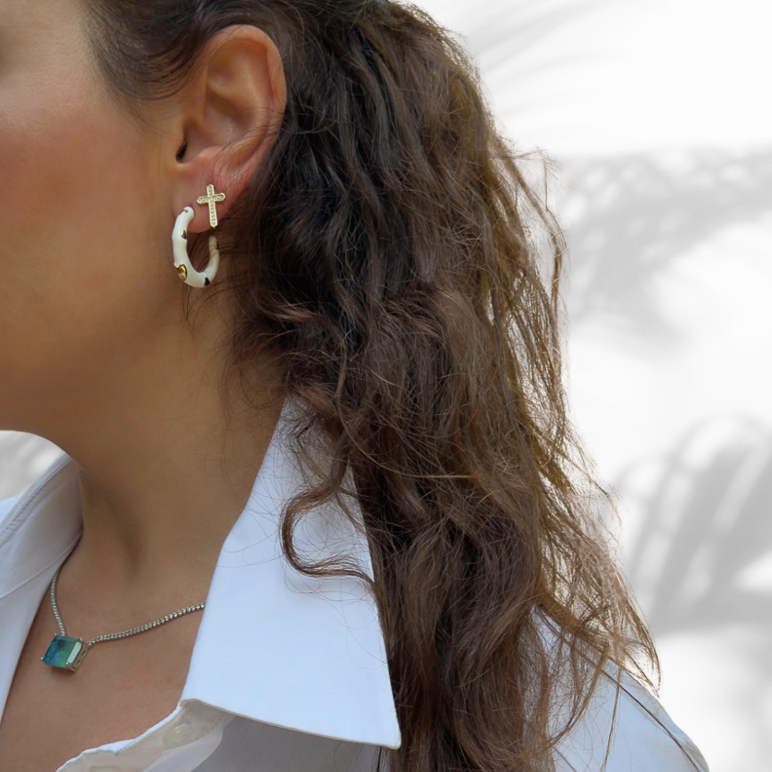 Elegant White Hoop Earrings with Gold Heart Detail