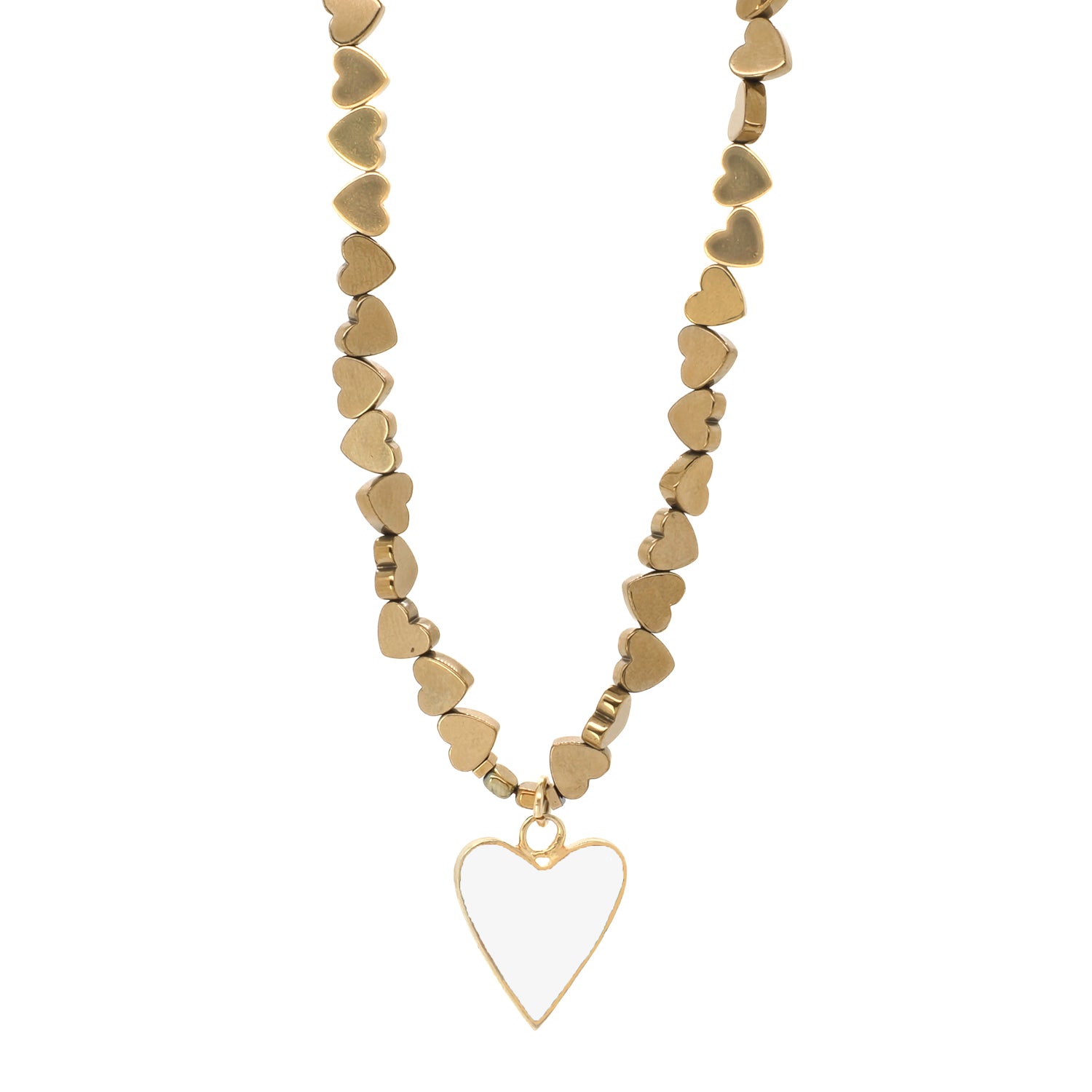 Handmade necklace featuring gold hematite stone beads, a white enamel heart pendant, and gold chain