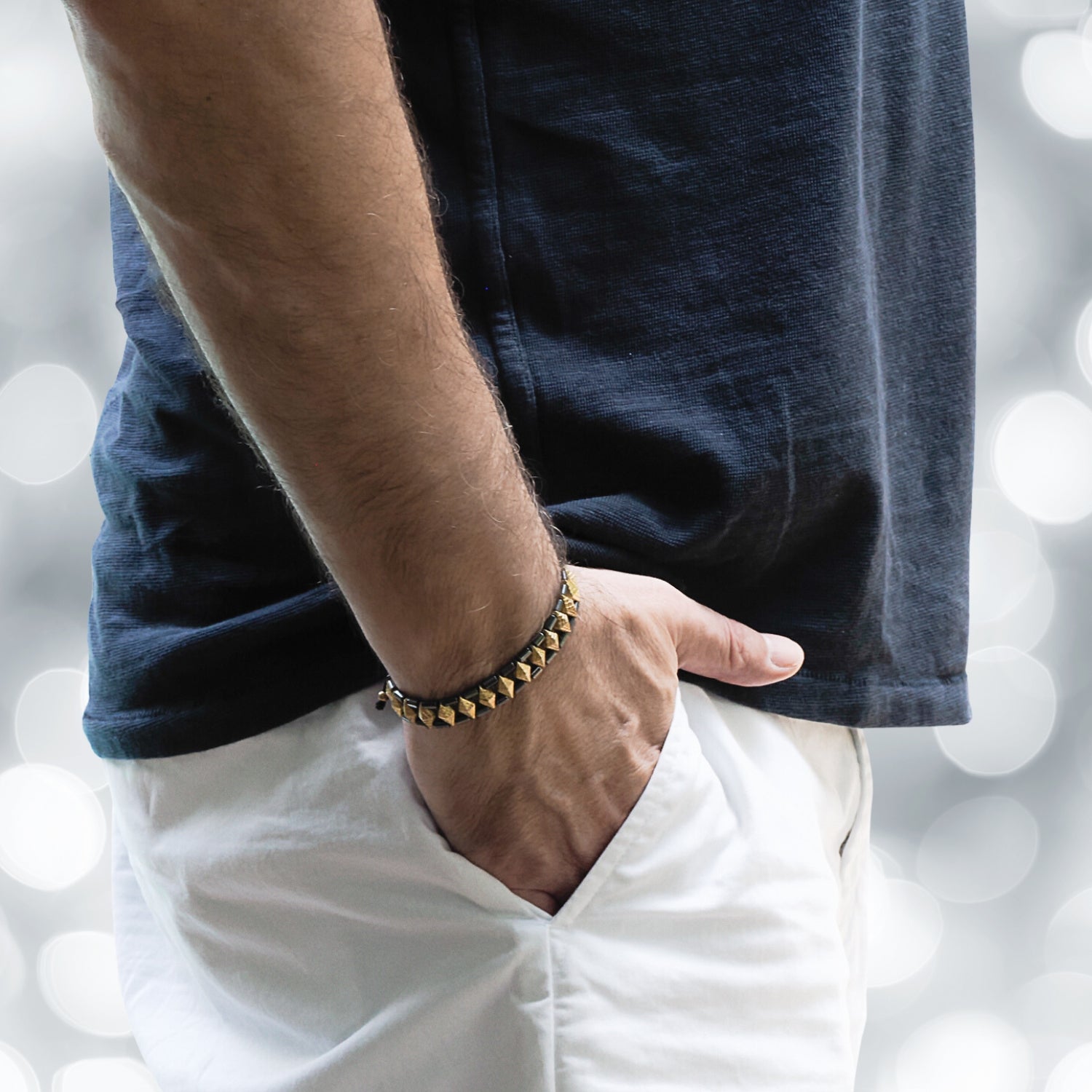 Luxury Geometric Hematite Jewelry on a Model's Wrist