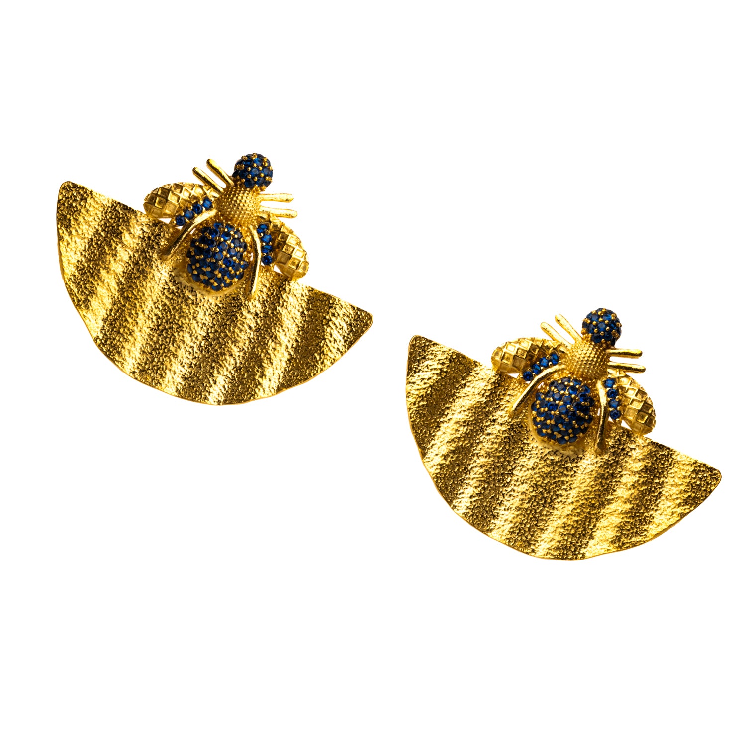 Sapphire and Gold Honey Bee Earrings with Detailed Motif for a Bold, Spiritual Statement