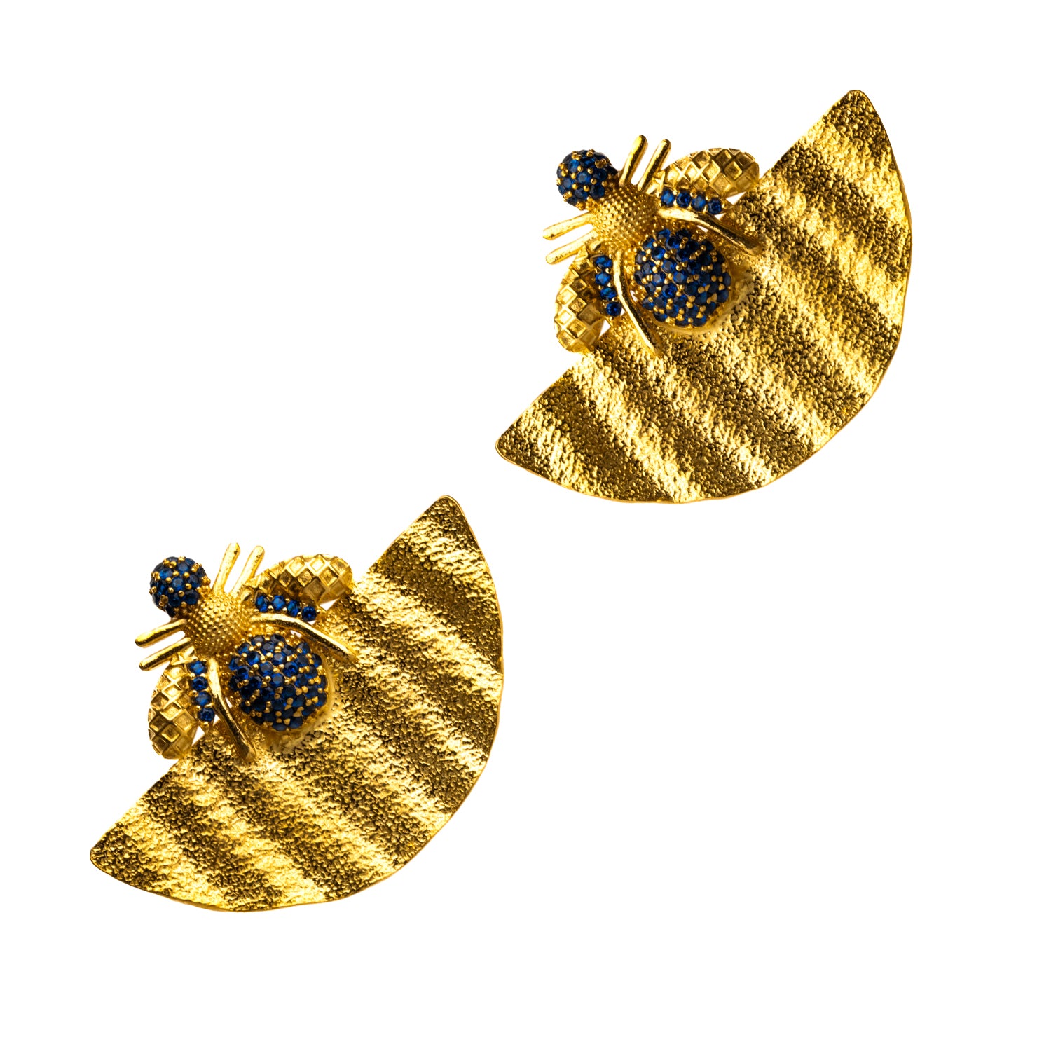 Chunky Honey Bee Earrings with Sapphire Stones and 24K Gold for Bold Spiritual Significance