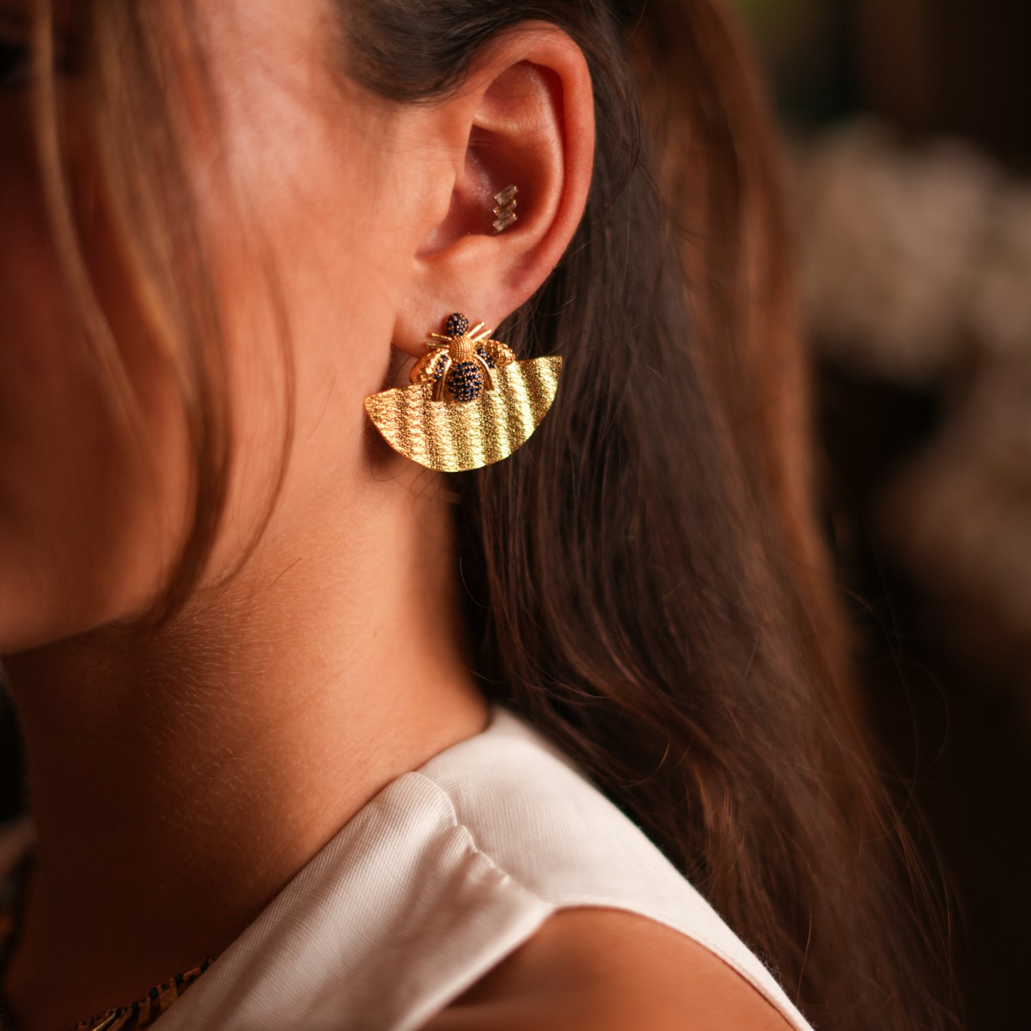 Gold Honey Bee Earrings with Sapphire Stones and Half-Moon Design for Spiritual and Chic Style