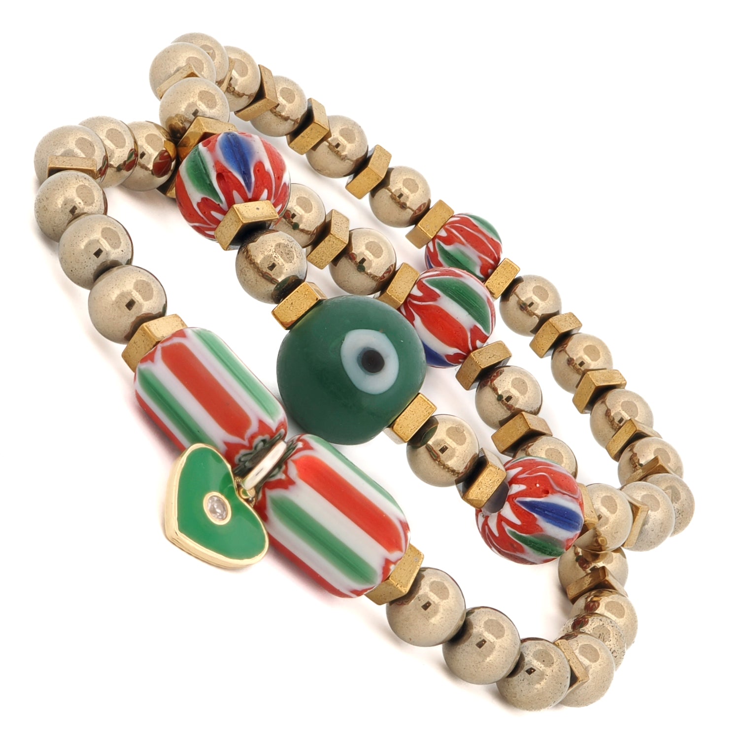 Vibrant African-inspired bracelet set with gold accents, symbolic green heart, and protective Evil Eye bead.