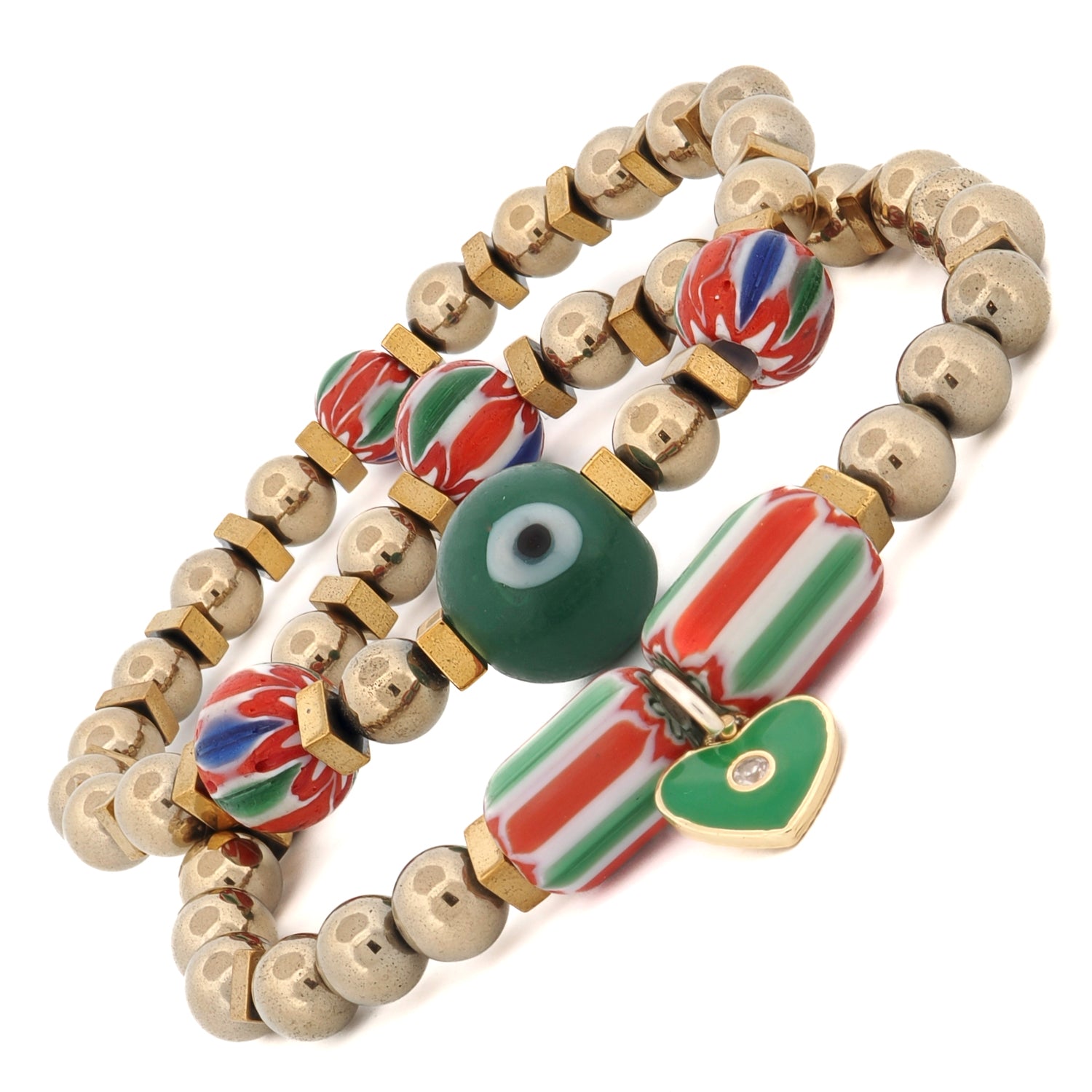 Close-up of an African & Gold Beaded Bracelet Set adorned with symbolic charms and vibrant beads.