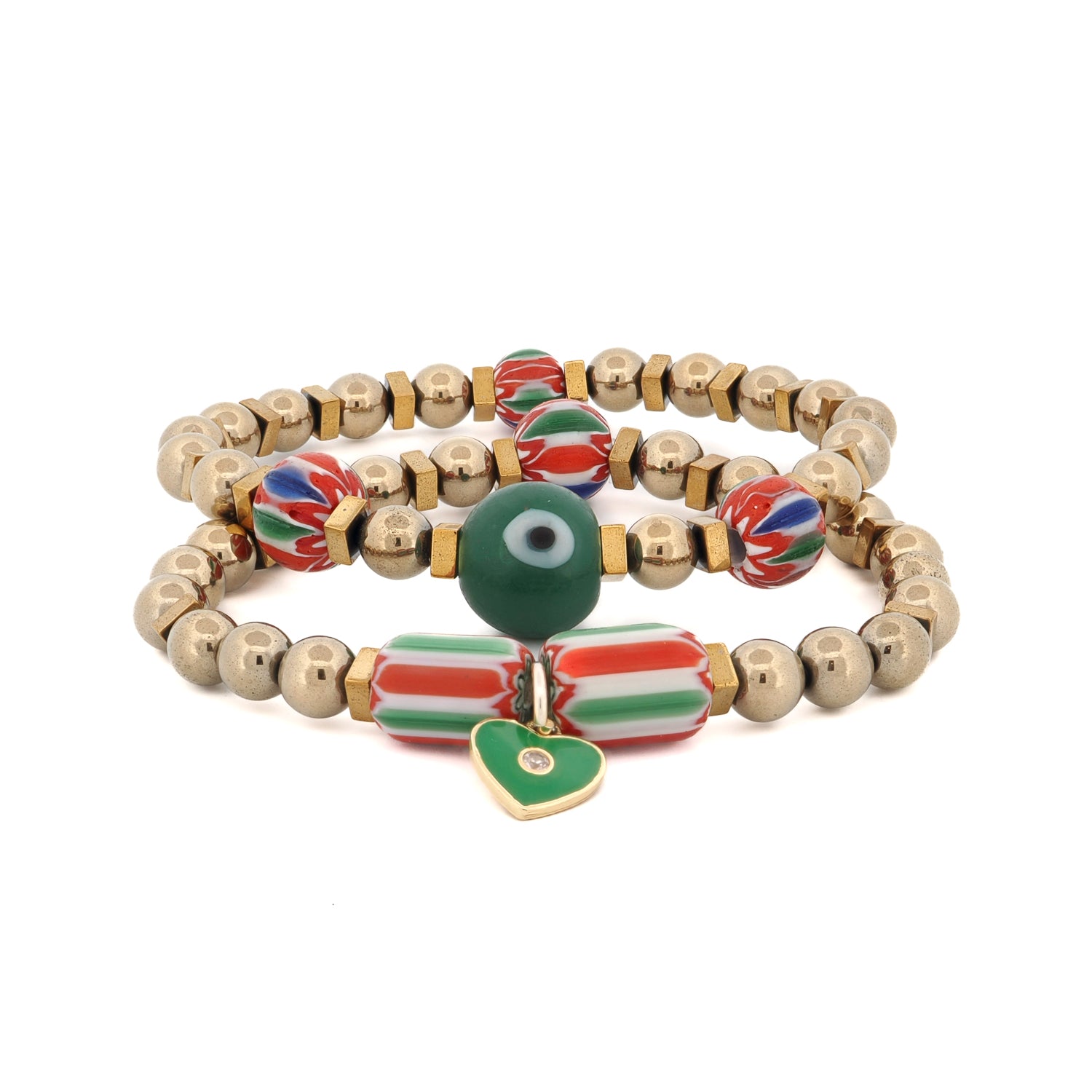 African & Gold Beaded Heart Charm Bracelet Set with gold hematite stones, colorful African beads, and a green enamel heart charm.