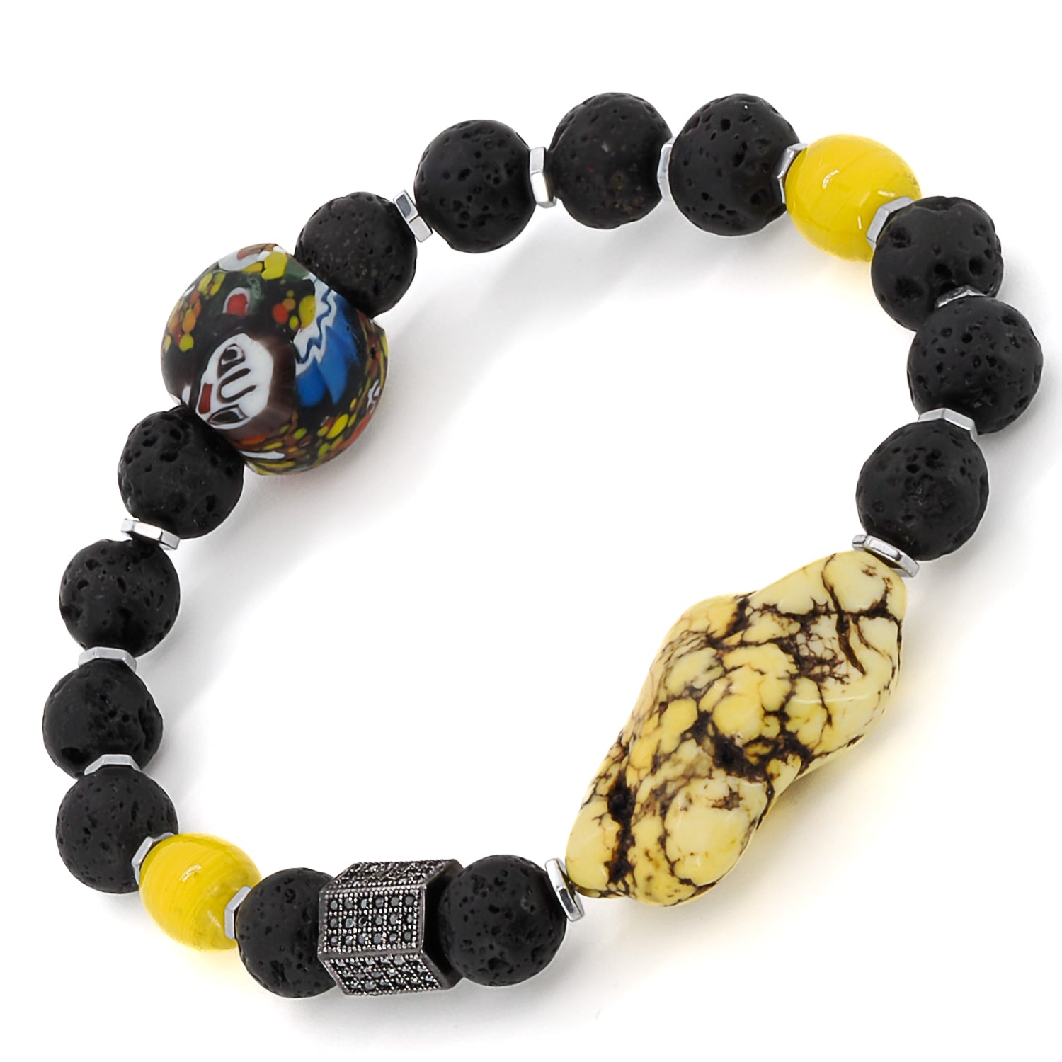 Close-up shot of the black lava rock stones used in the African Yellow Turquoise Bracelet, showcasing their unique texture and grounding properties.