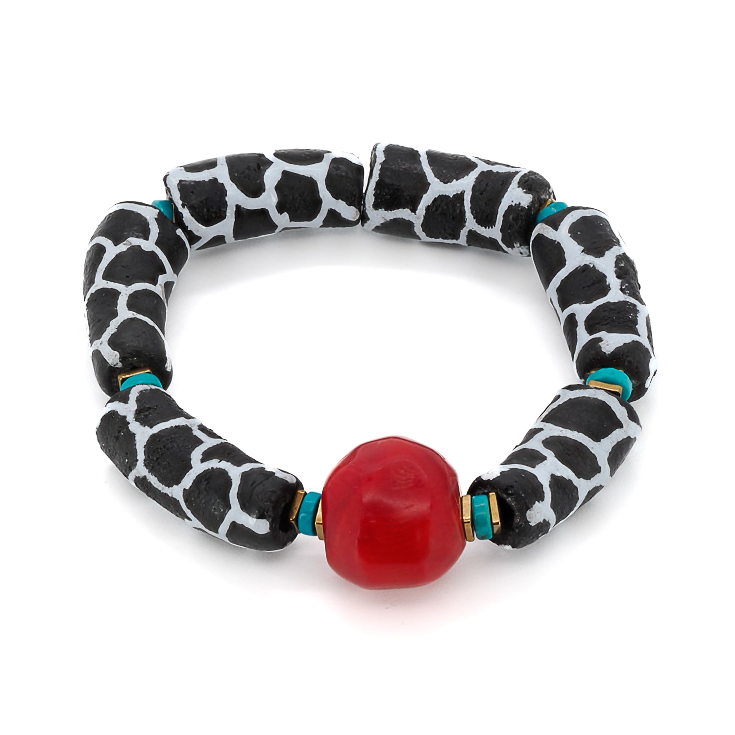 Close-up of the African Zebra Red Bracelet showcasing the black and white zebra tube beads and the vibrant red coral bead at the center.