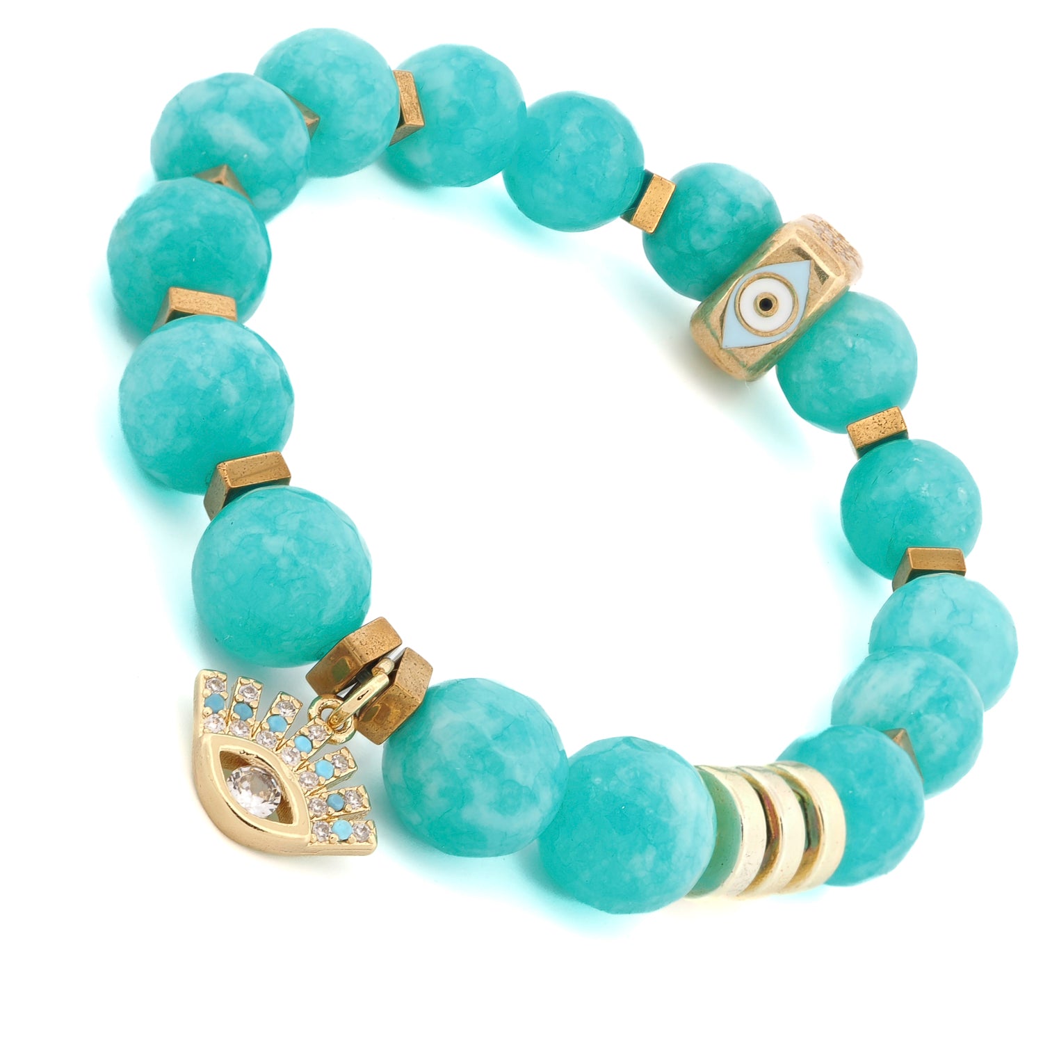 Amazonite Stone Diamond Evil Eye Charm Beaded Bracelet