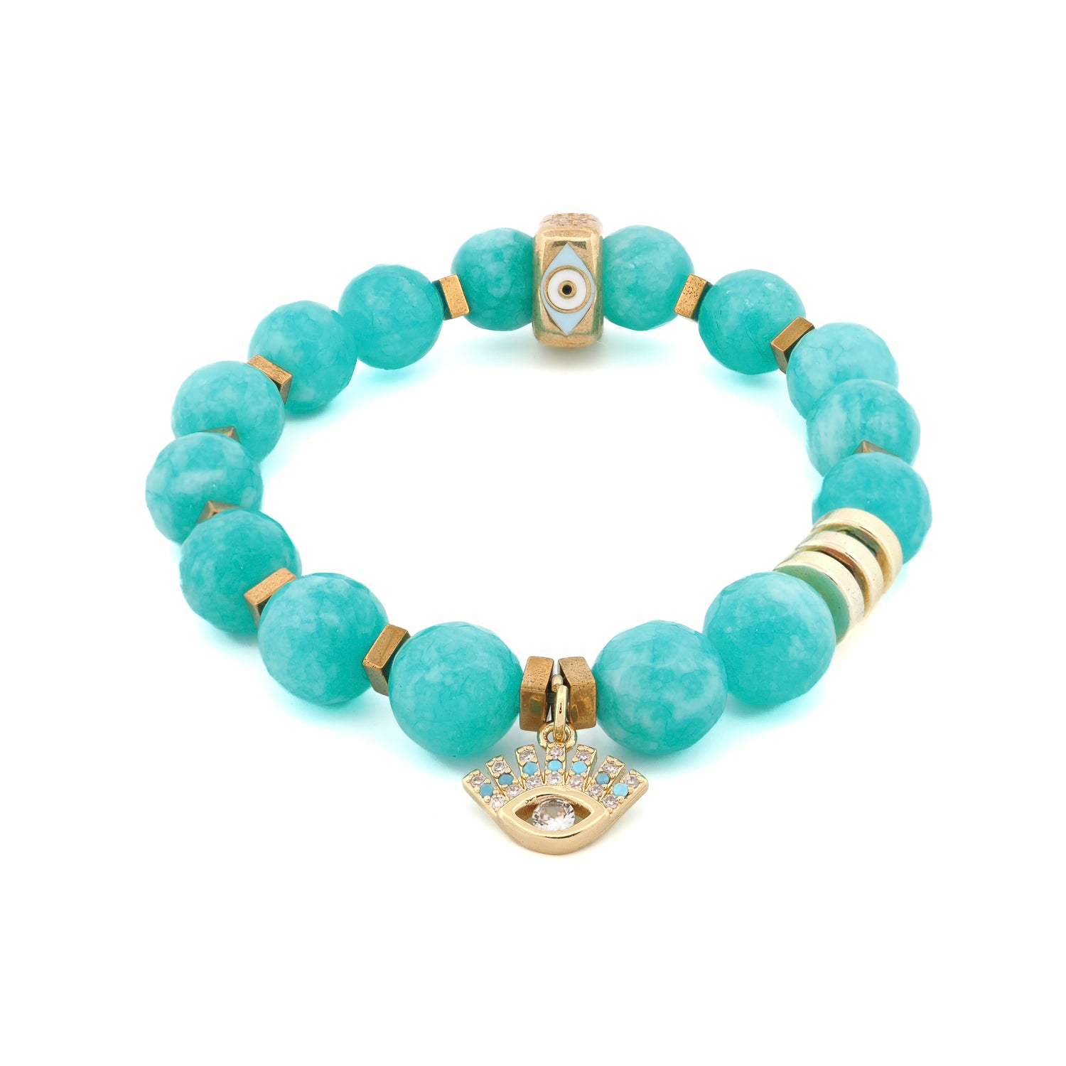 Amazonite Stone Diamond Evil Eye Charm Beaded Bracelet