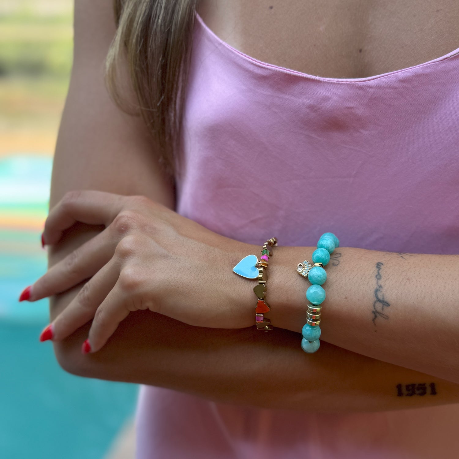 Amazonite Stone Diamond Evil Eye Charm Beaded Bracelet