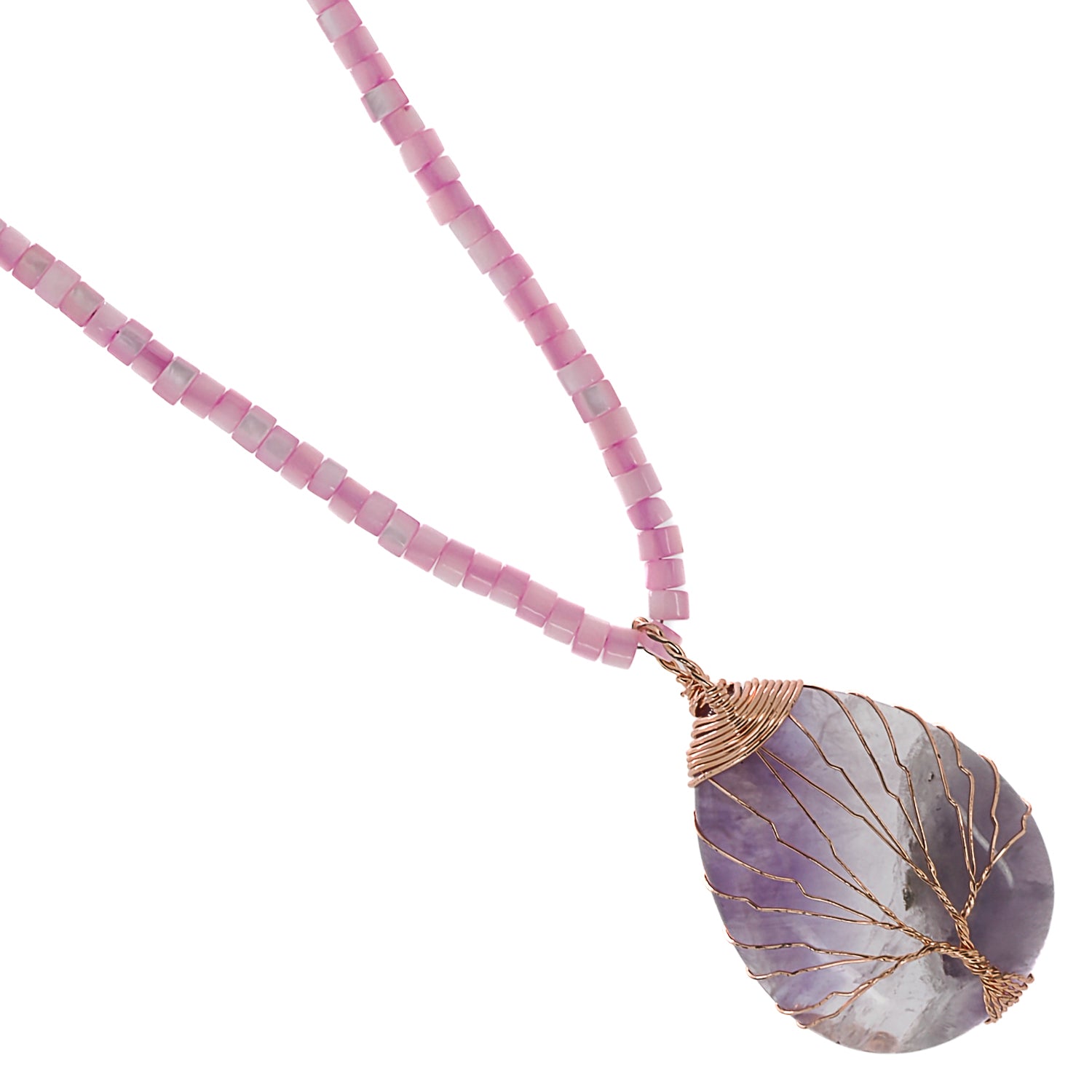 Experience the captivating allure of the Amethyst Healing Tree Necklace, combining delicate pink pearl chain with a natural amethyst tree pendant.