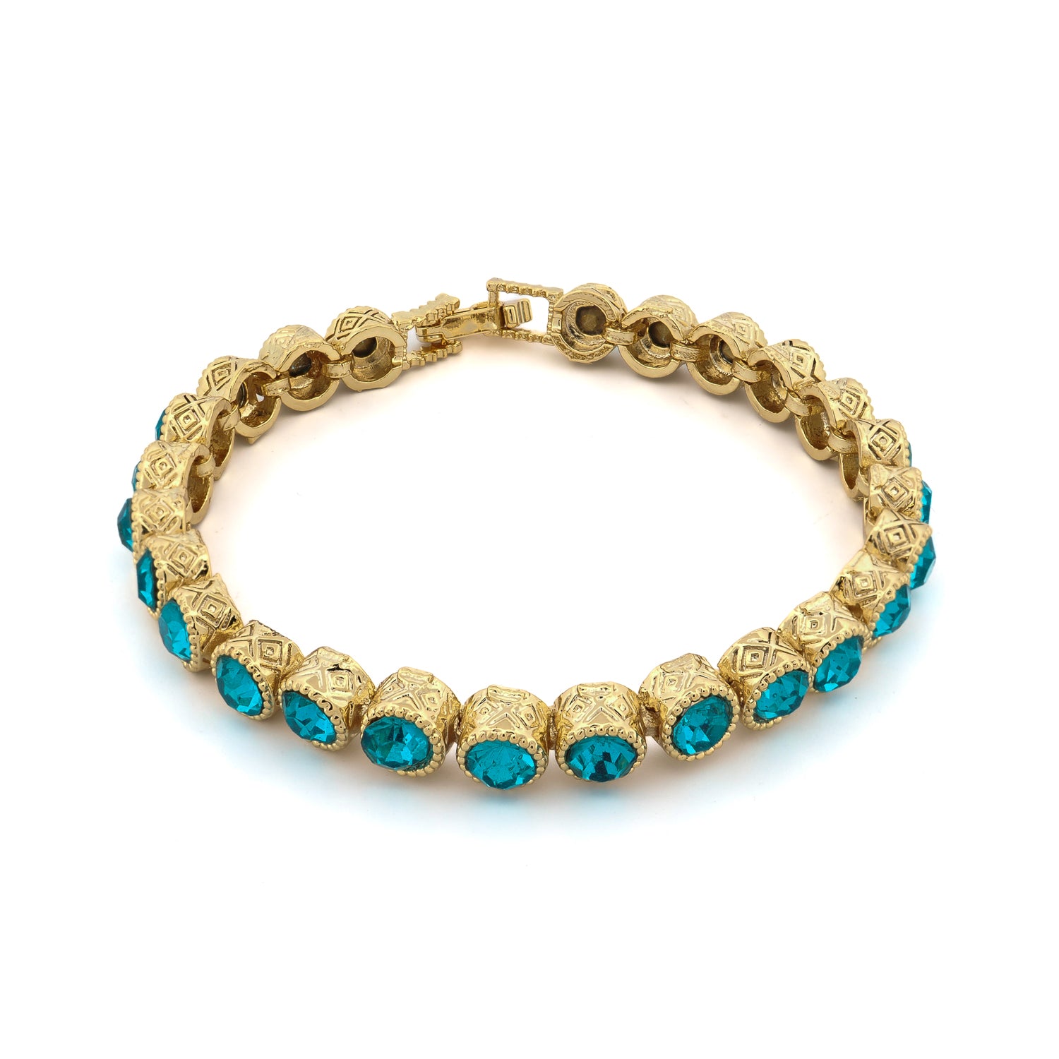 Handcrafted Aquamarine Tennis Mystic Bracelet with Gold-Plated Bronze and Spiritual Mystic Engravings