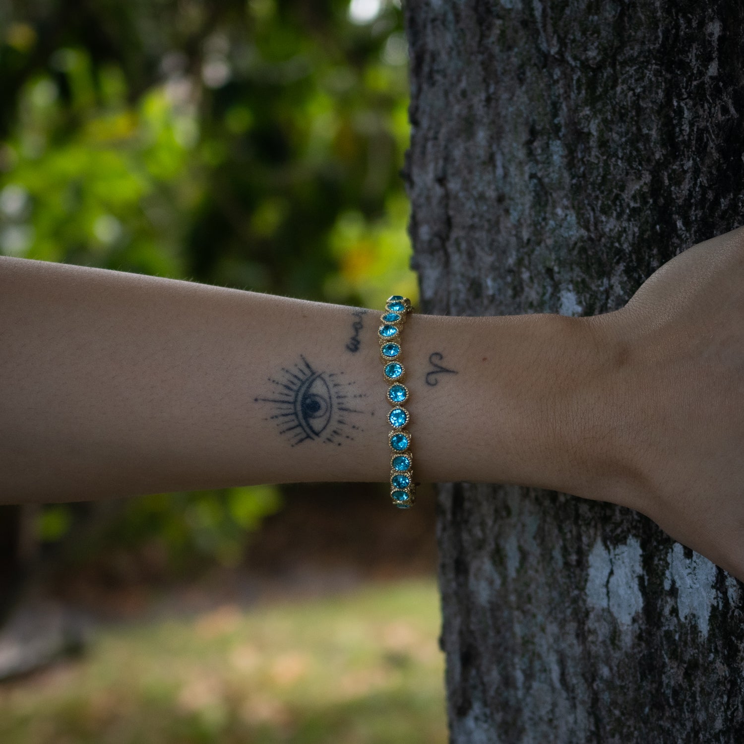 Handmade Aquamarine Tennis Bracelet with Gold-Plated Bronze, Offering Protection and Intuition