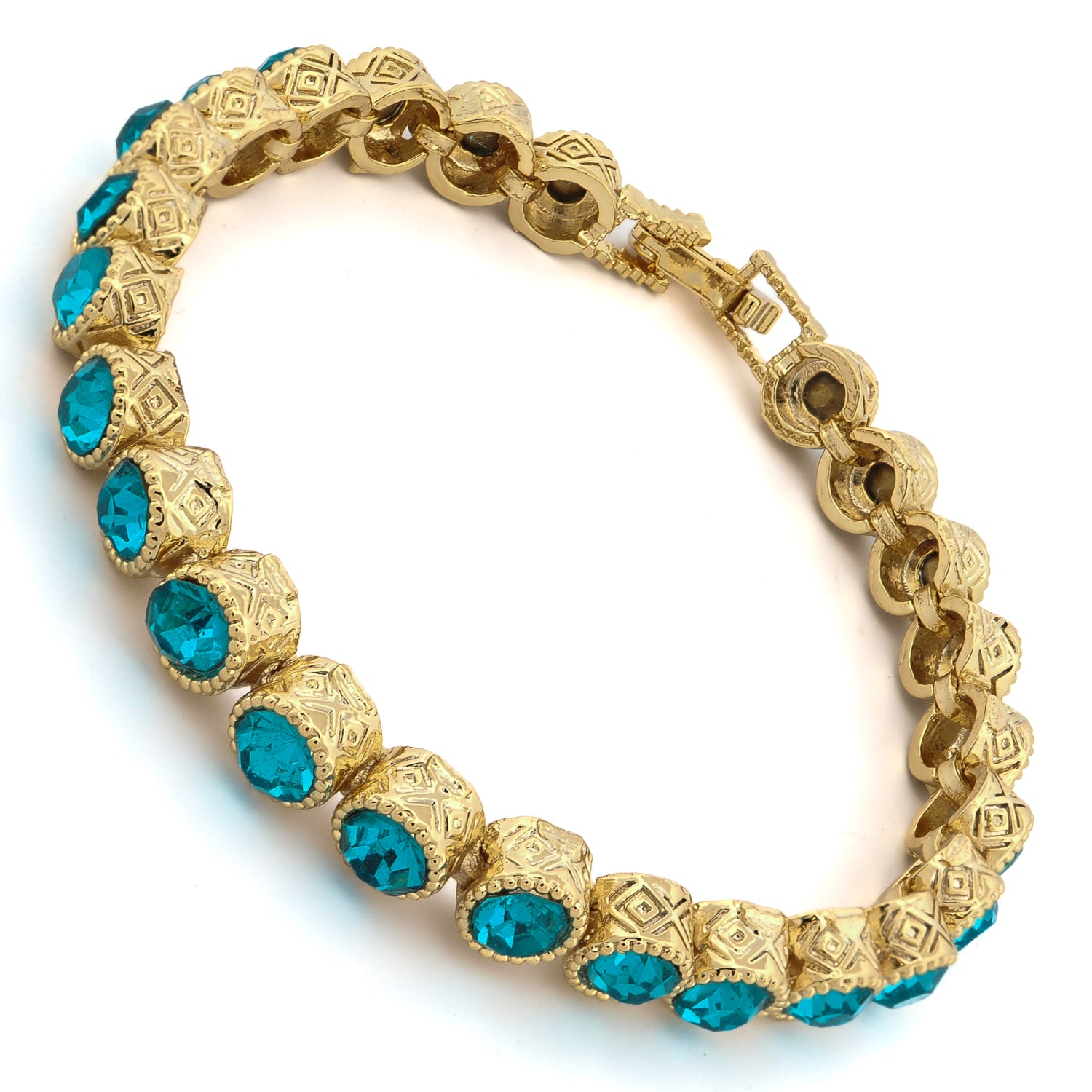 Gold-Plated Aquamarine Tennis Bracelet with Intricate Mystic Designs for Peace and Serenity