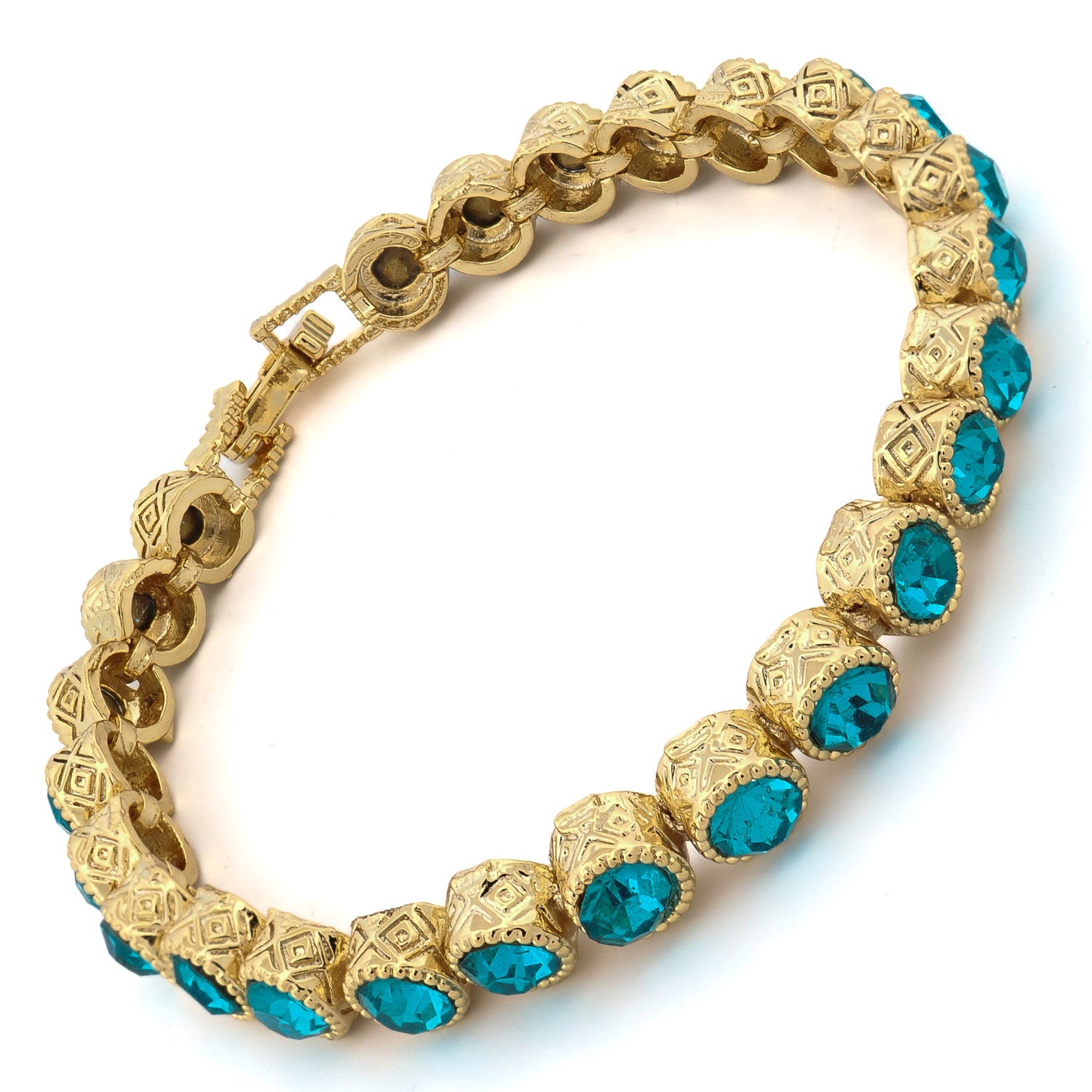 Stylish Aquamarine Tennis Bracelet with Gold-Plated Mystic Patterns, Providing Clarity and Peace