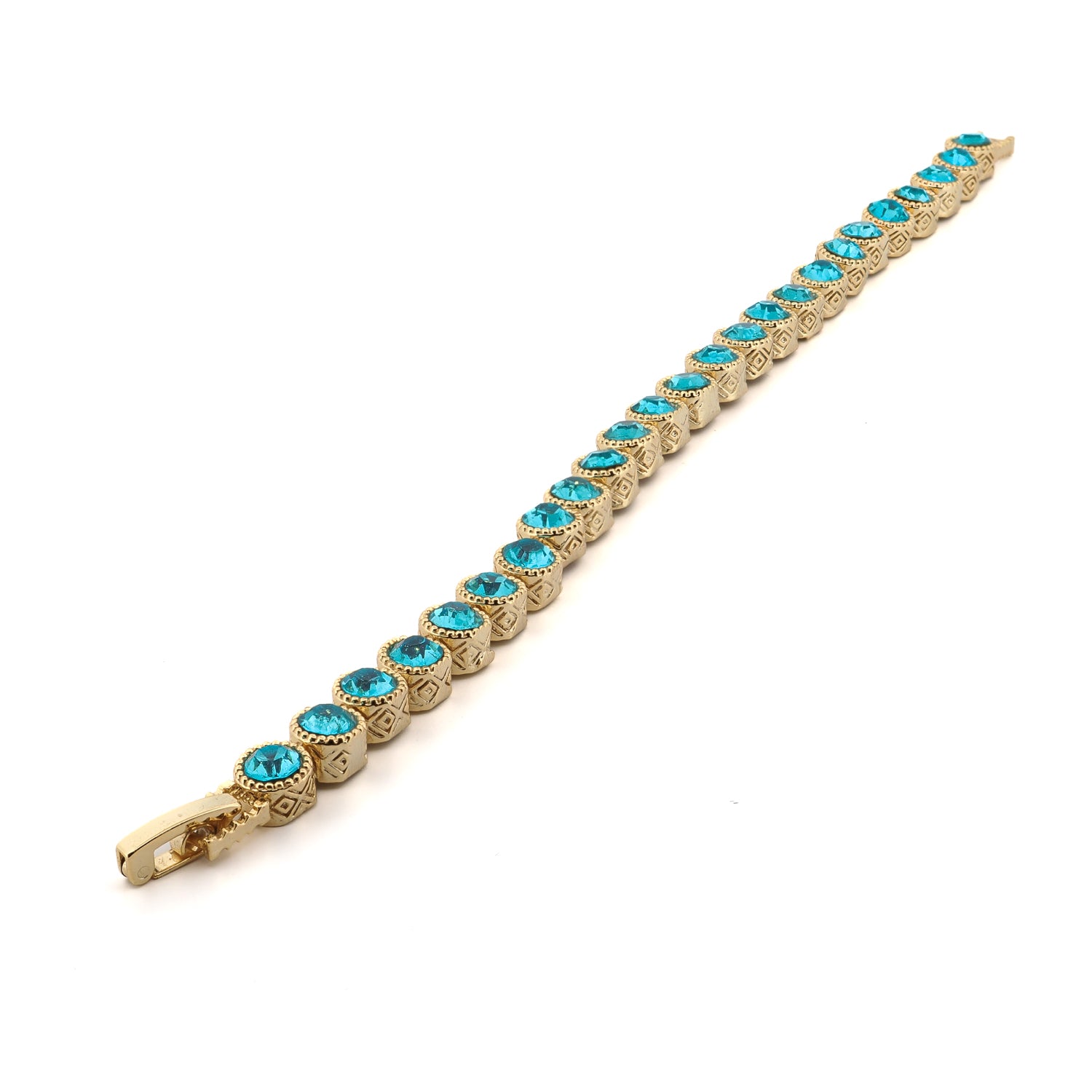 Elegant Aquamarine Stone Bracelet with Gold-Plated Mystic Engravings, Representing Spiritual Awakening