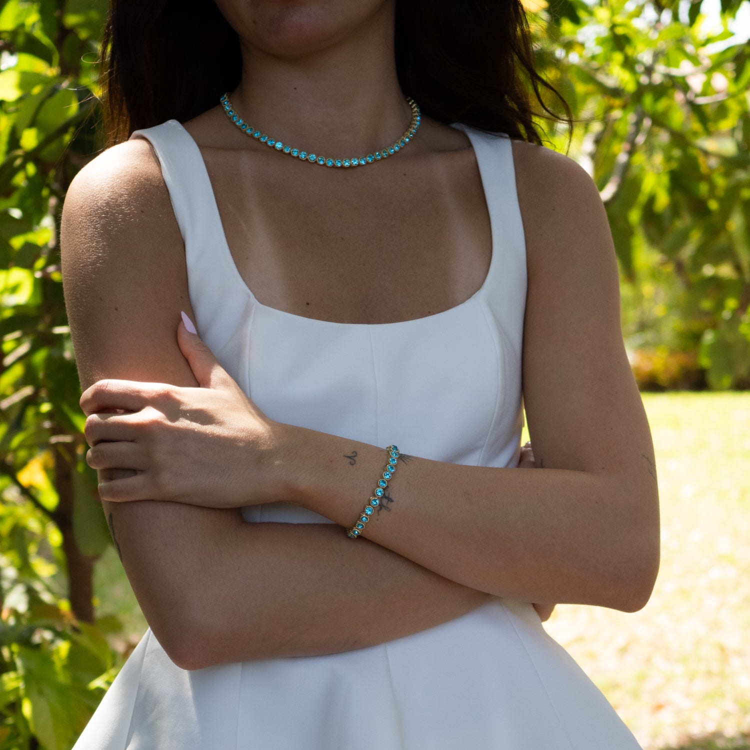 Aquamarine Stone Tennis Bracelet with Mystic Gold-Plated Engravings for Spiritual Strength and Clarity