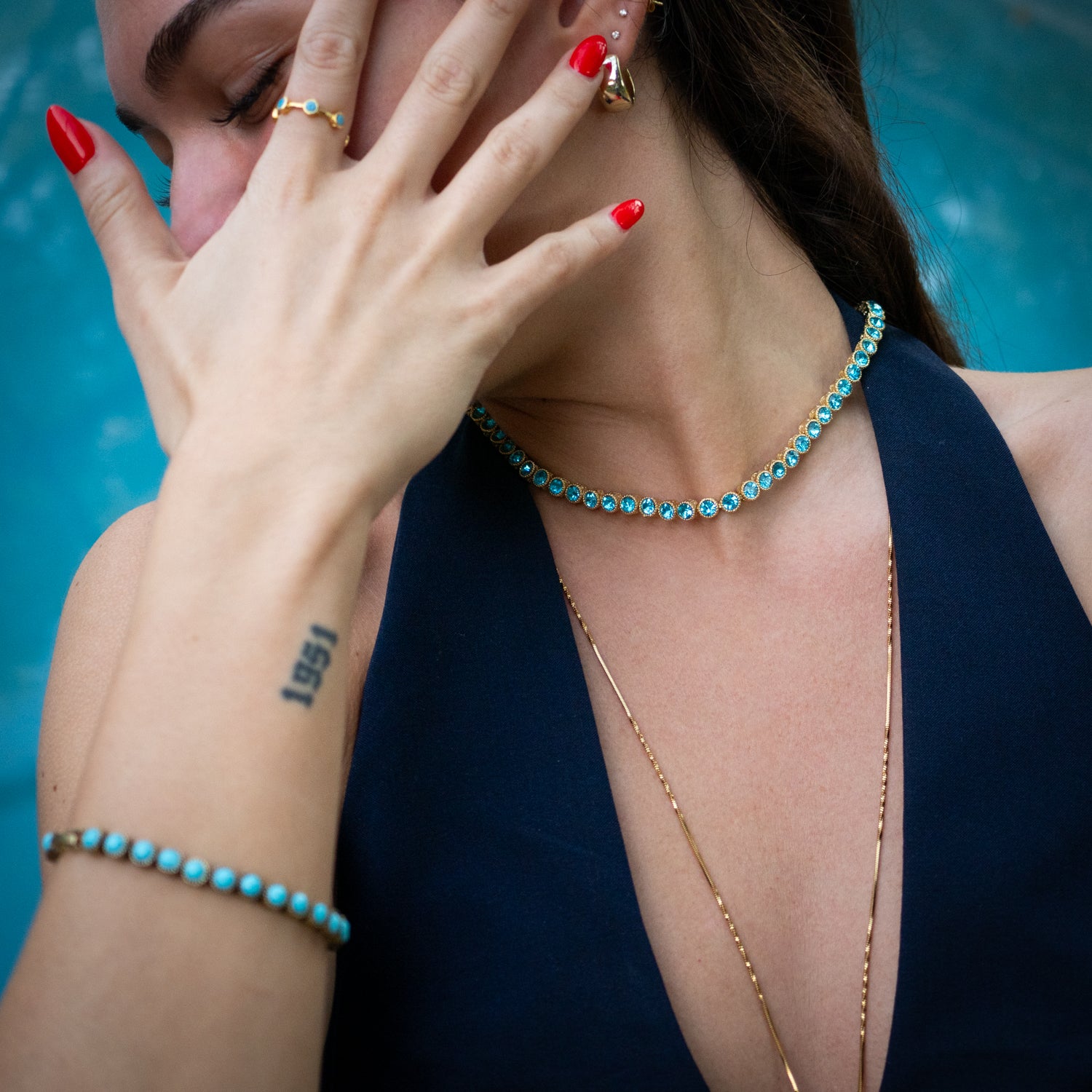 Handmade Aquamarine Tennis Necklace with Gold-Plated Bronze for Spiritual Balance and Elegance