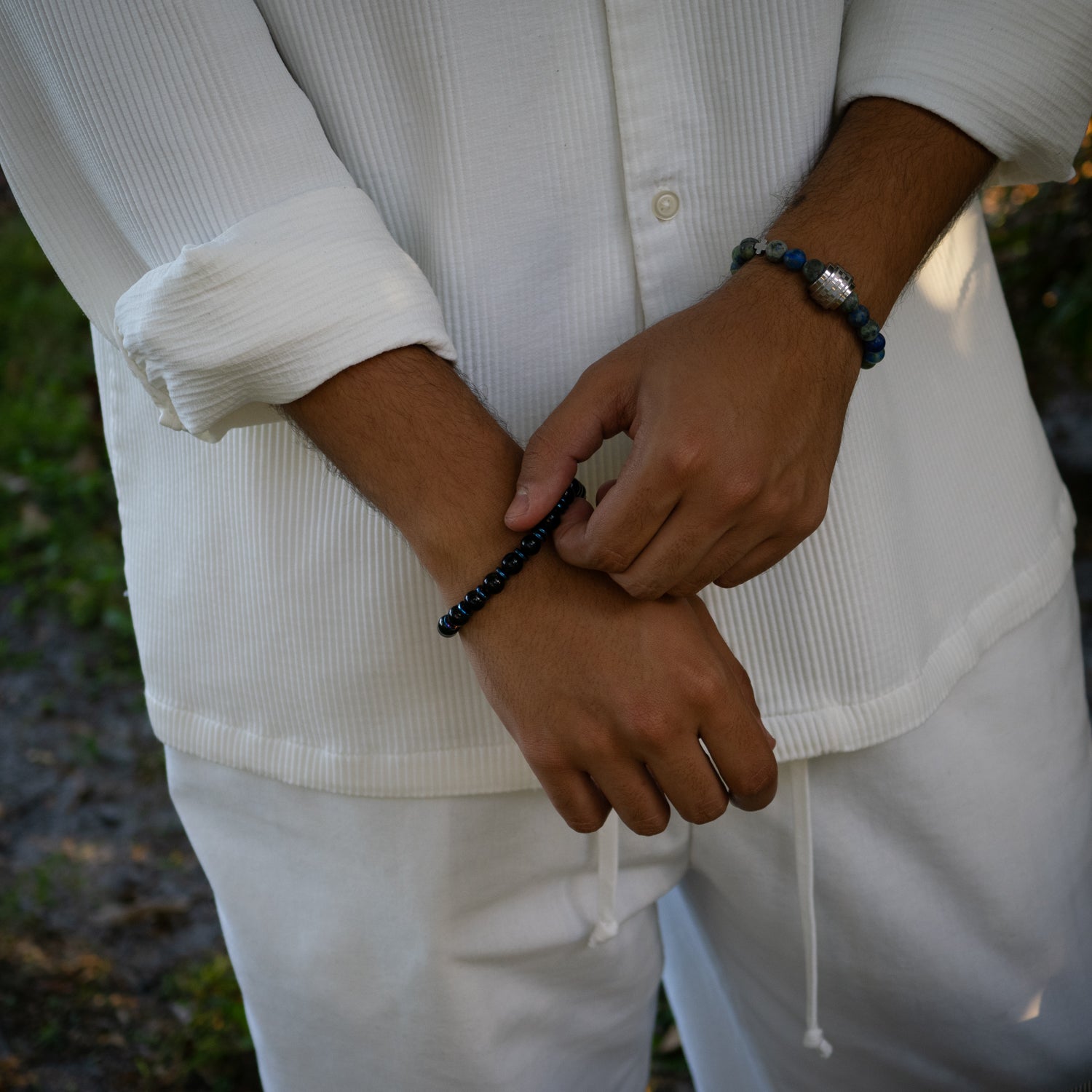 Spiritual bracelet for men with matte azurite, Amor steel bead, and grounding hematite.