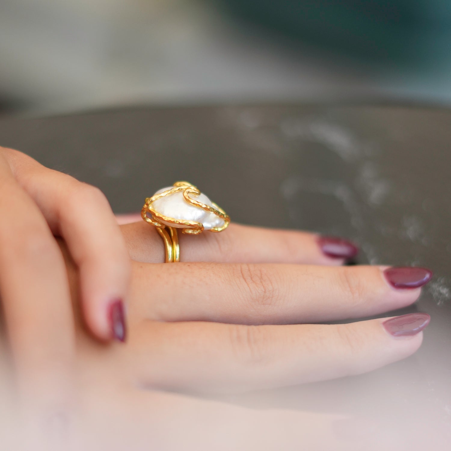 24K Gold-Plated Baroque Pearl Ring with Adjustable Fit and Mystical Isis Motif