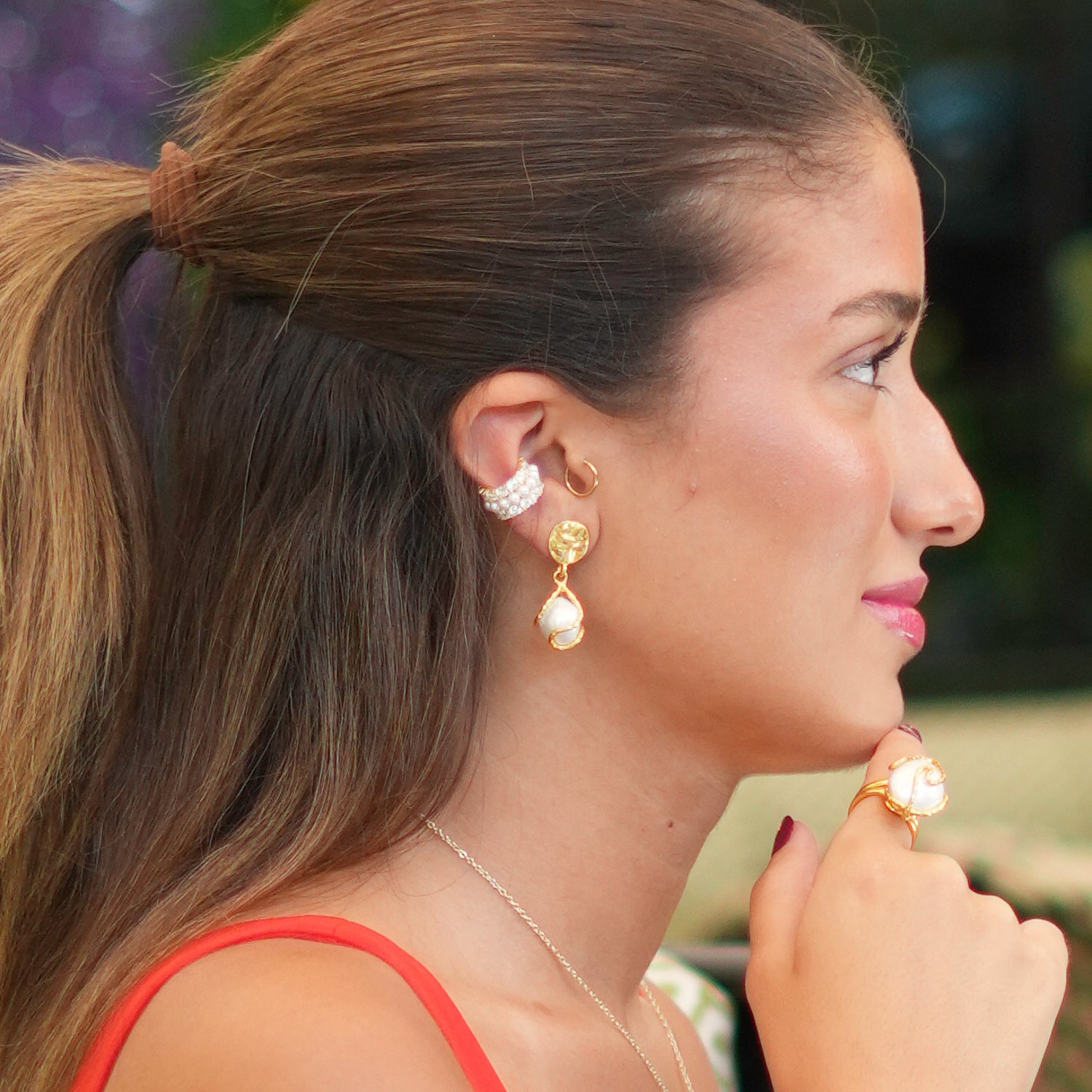 Adjustable Chunky Baroque Pearl Ring with 24K Gold Plating and Spiritual Isis Symbol