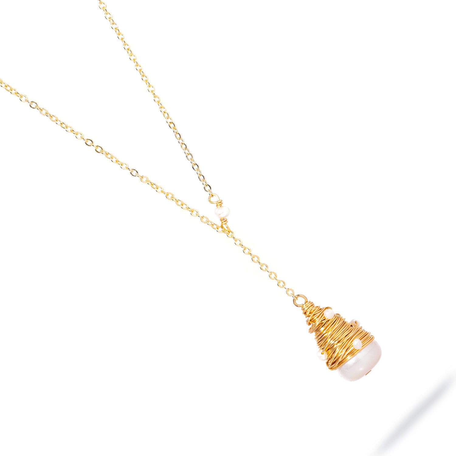 Handmade 18K Gold Baroque Pearl Teardrop Necklace with Gold Wire Details for a Luxurious Touch