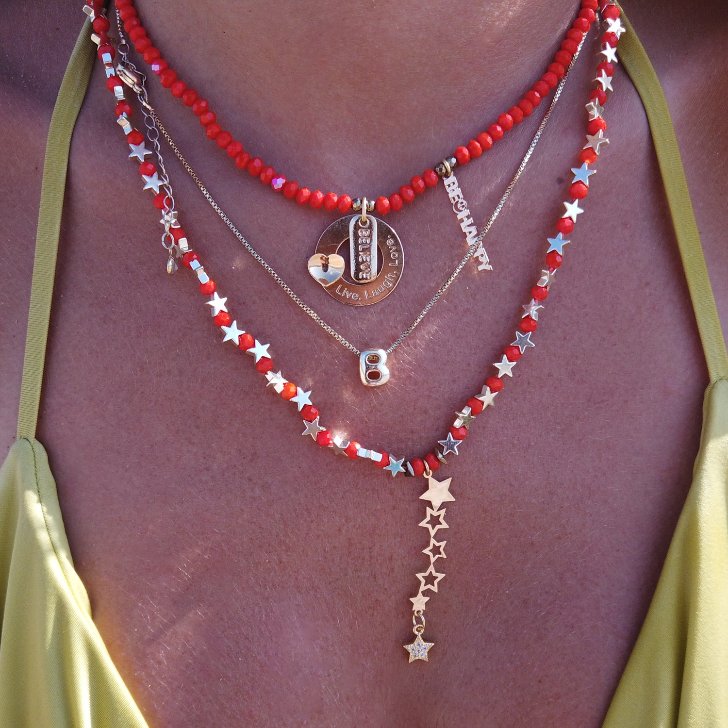 Believe & Be Happy Red Crystal Beaded Gold Choker Necklace