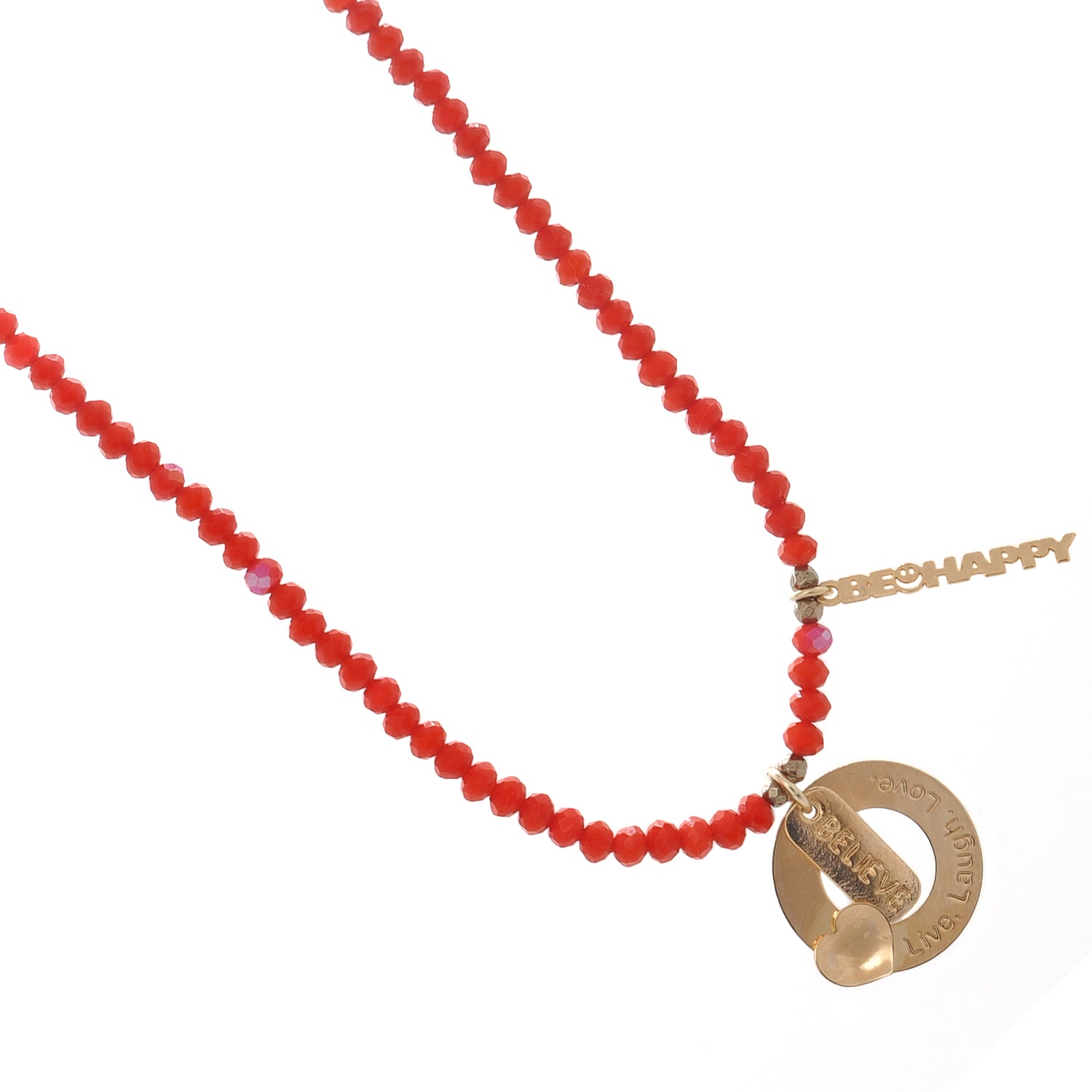 Vibrant red beaded choker with uplifting messages and elegant sparkle.