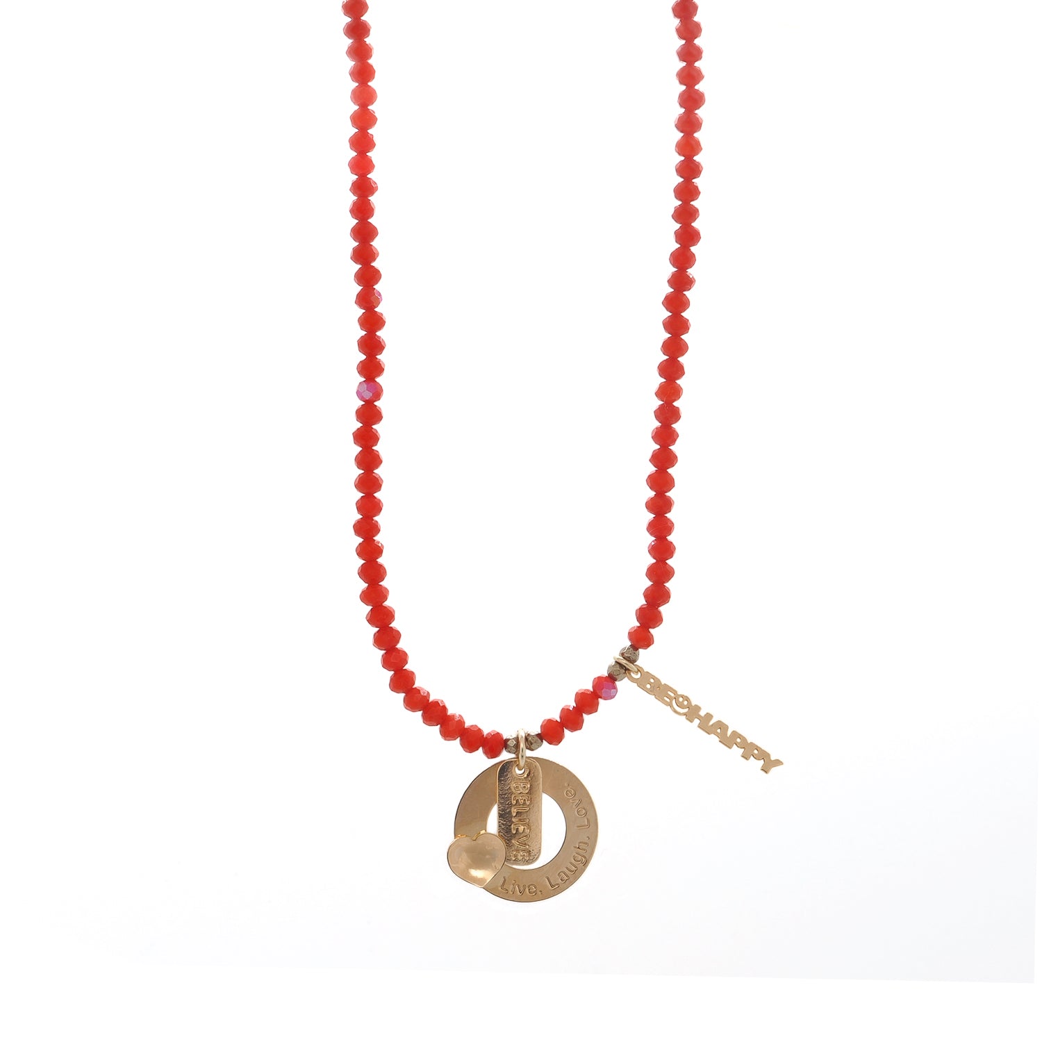 Handmade motivational necklace with faceted red-orange beads and gold heart charm.