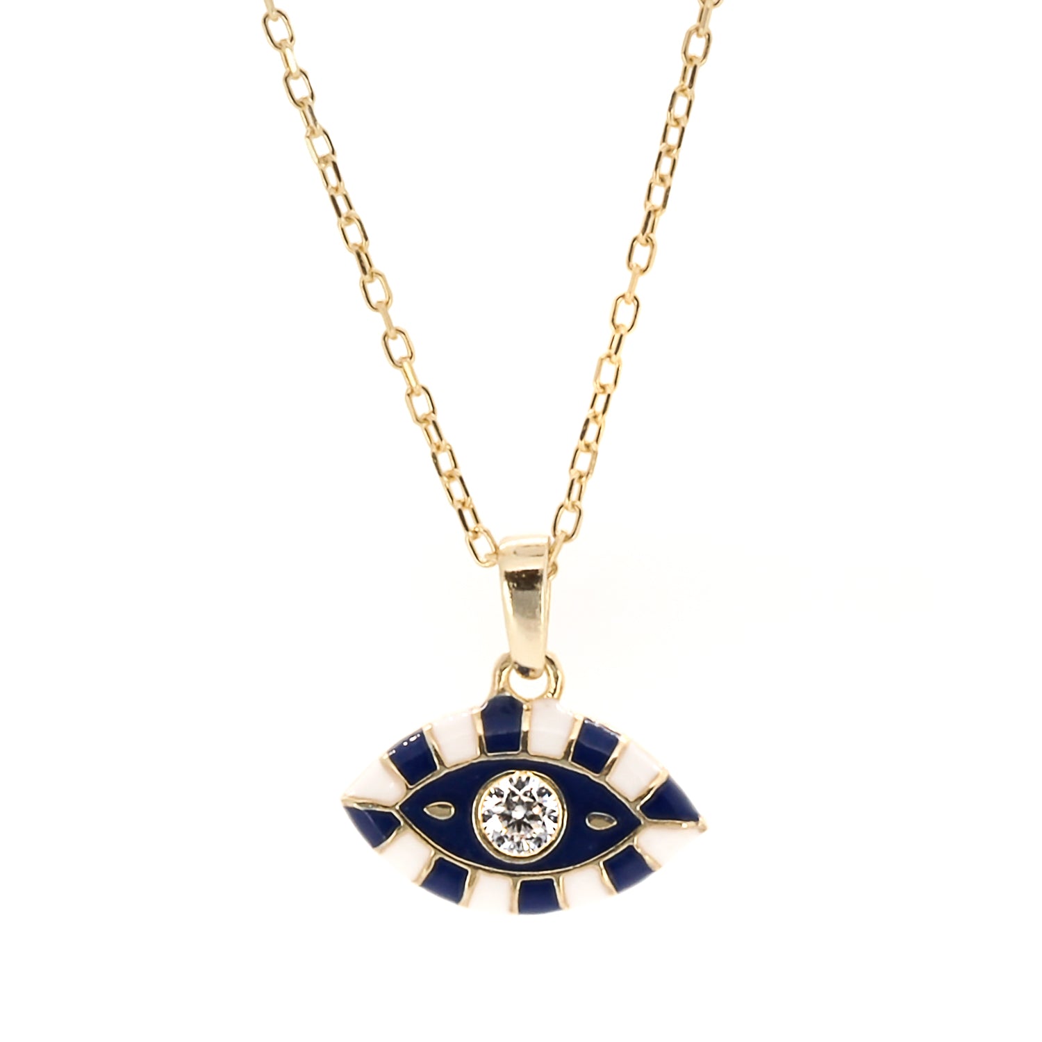 Black And White Evil Eye Necklace featuring a mesmerizing evil eye pendant with black and white enamel, adorned with a sparkling zircon stone, on a 925 sterling silver chain plated with 18k gold.