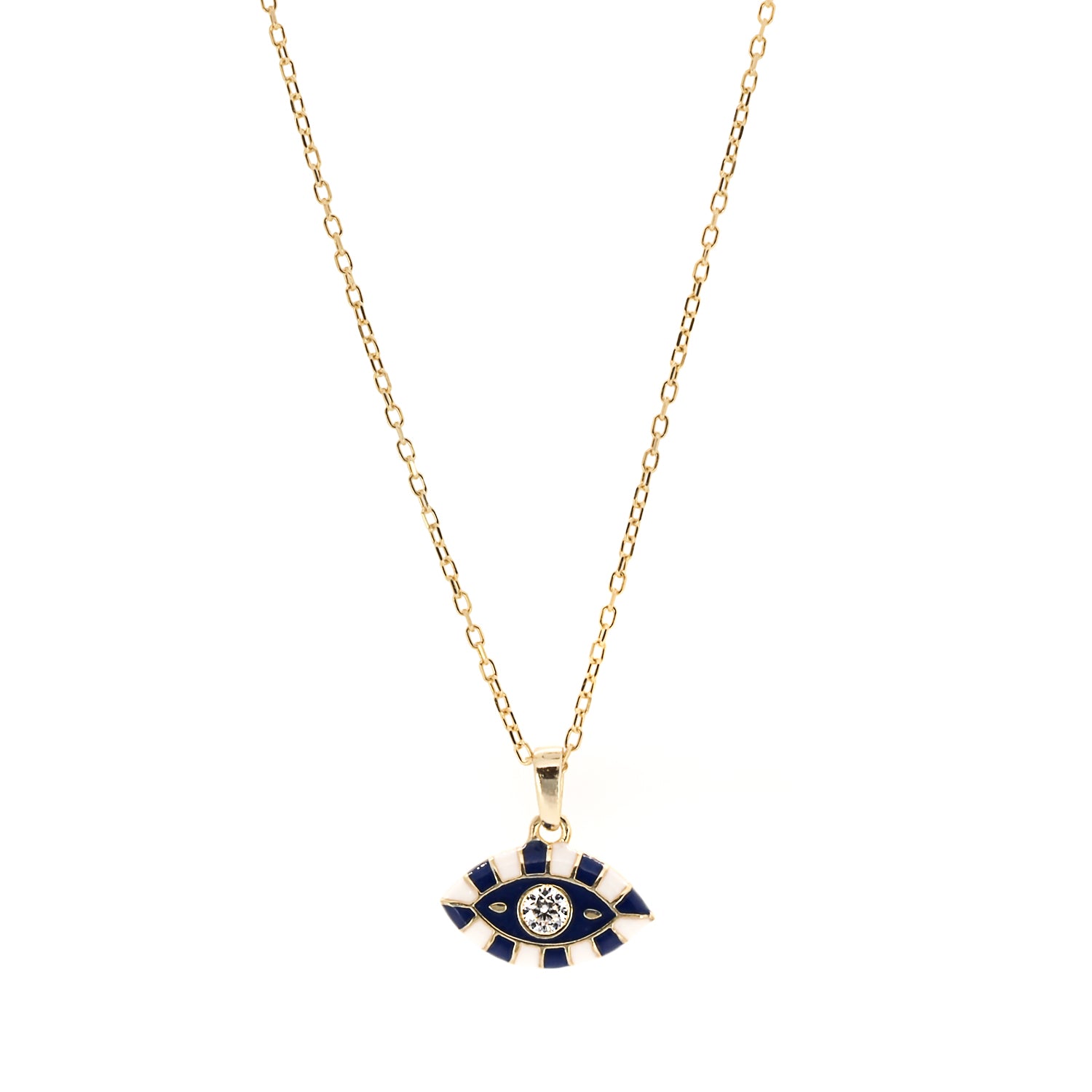 Close-up shot of the intricate black and white enamel design on the Evil Eye pendant of the necklace, showcasing its captivating beauty and craftsmanship.
