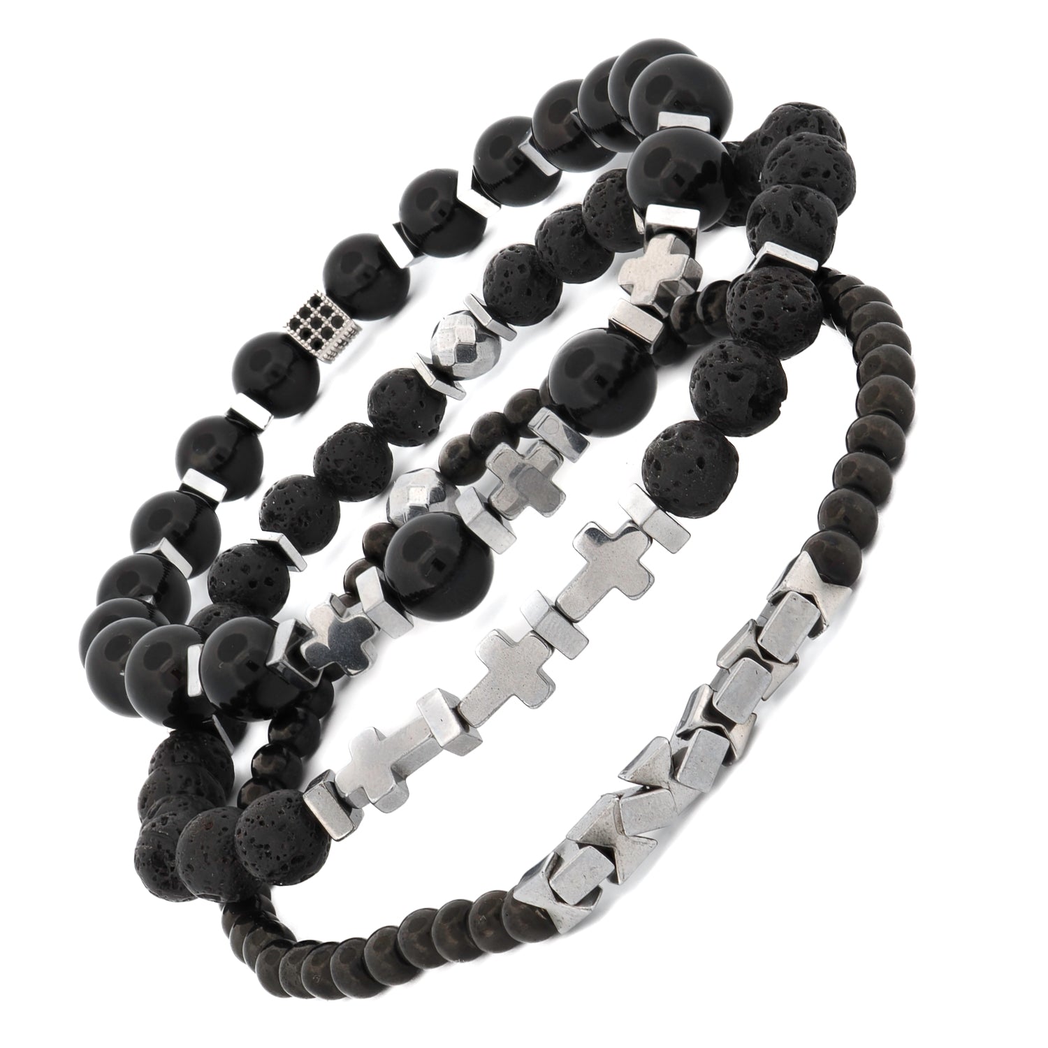 Stylish men's bracelet trio with black gemstones and silver hematite accents for a bold and modern look.