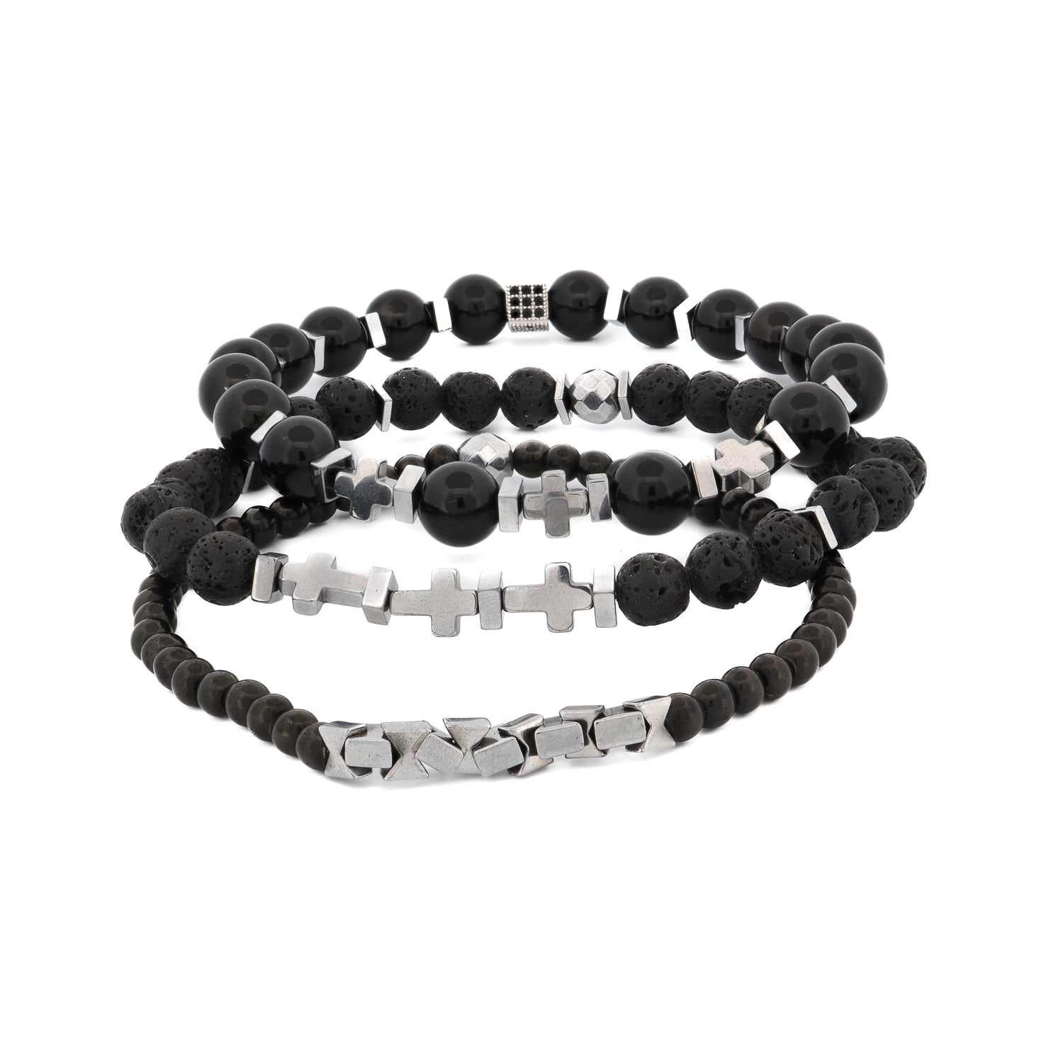 Black Gemstone & Hematite Power Trio Bracelet Set featuring onyx, lava rock, and silver hematite beads.