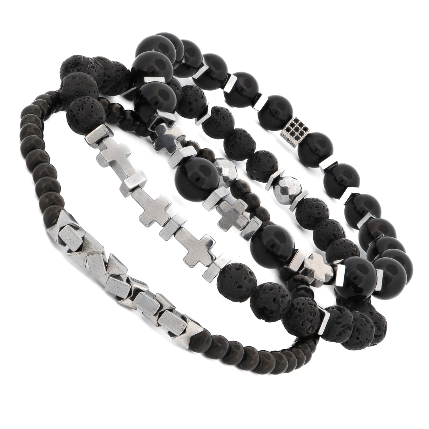 Dynamic trio bracelet set combining black gemstones, hematite crosses, and lava rock beads.