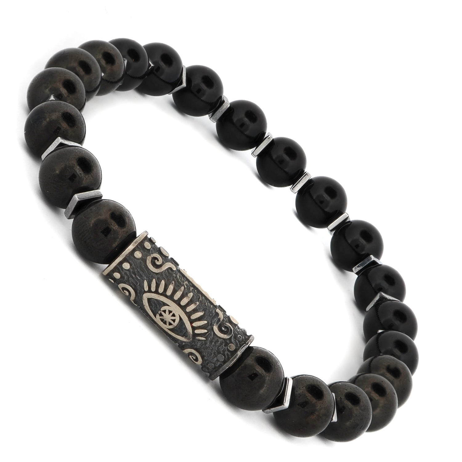 Close-up of a Black Onyx Bracelet with a sterling silver Evil Eye charm symbolizing protection and stability.