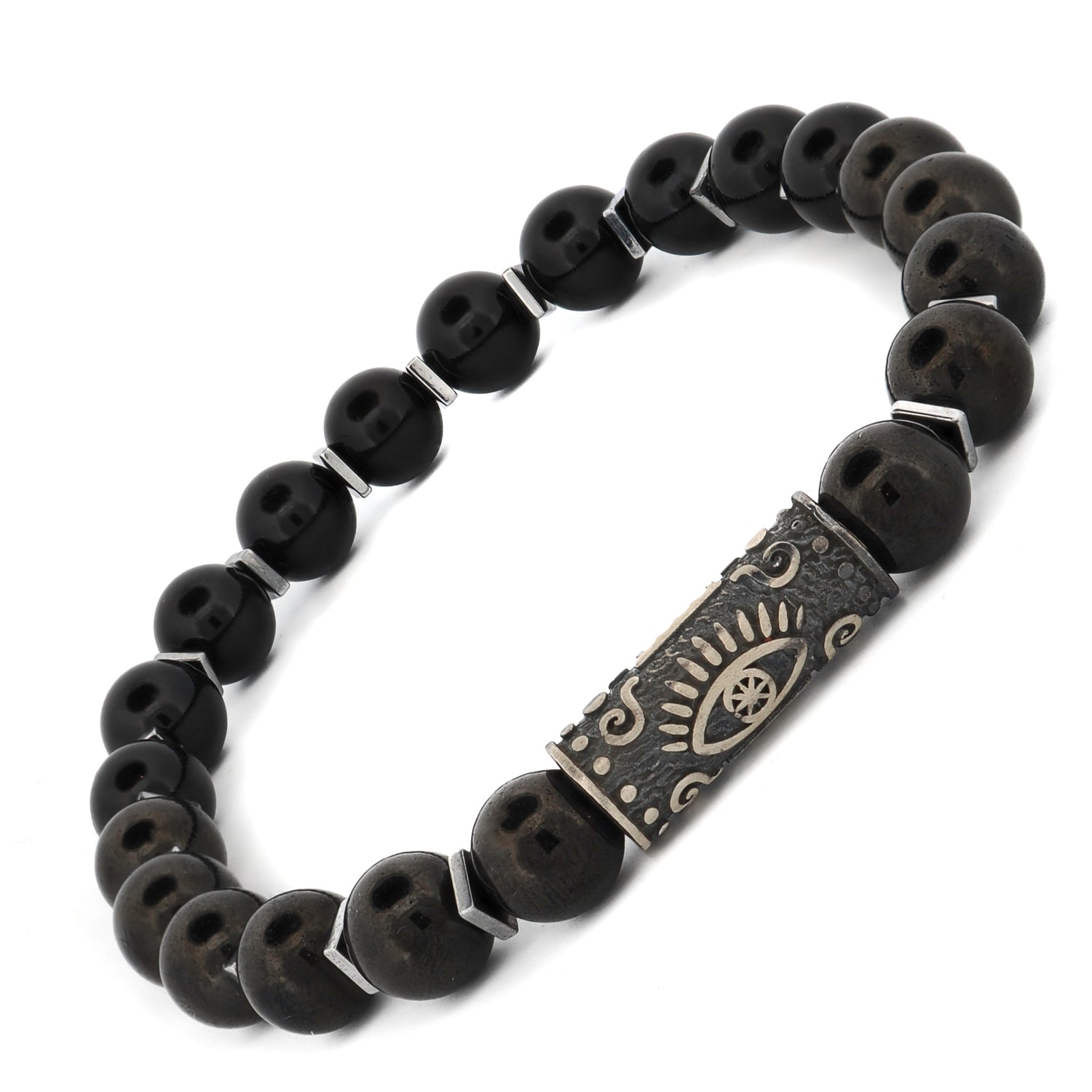 Stretchy 7.5-inch bracelet with black onyx stones and a sterling silver Evil Eye bead for daily protection.