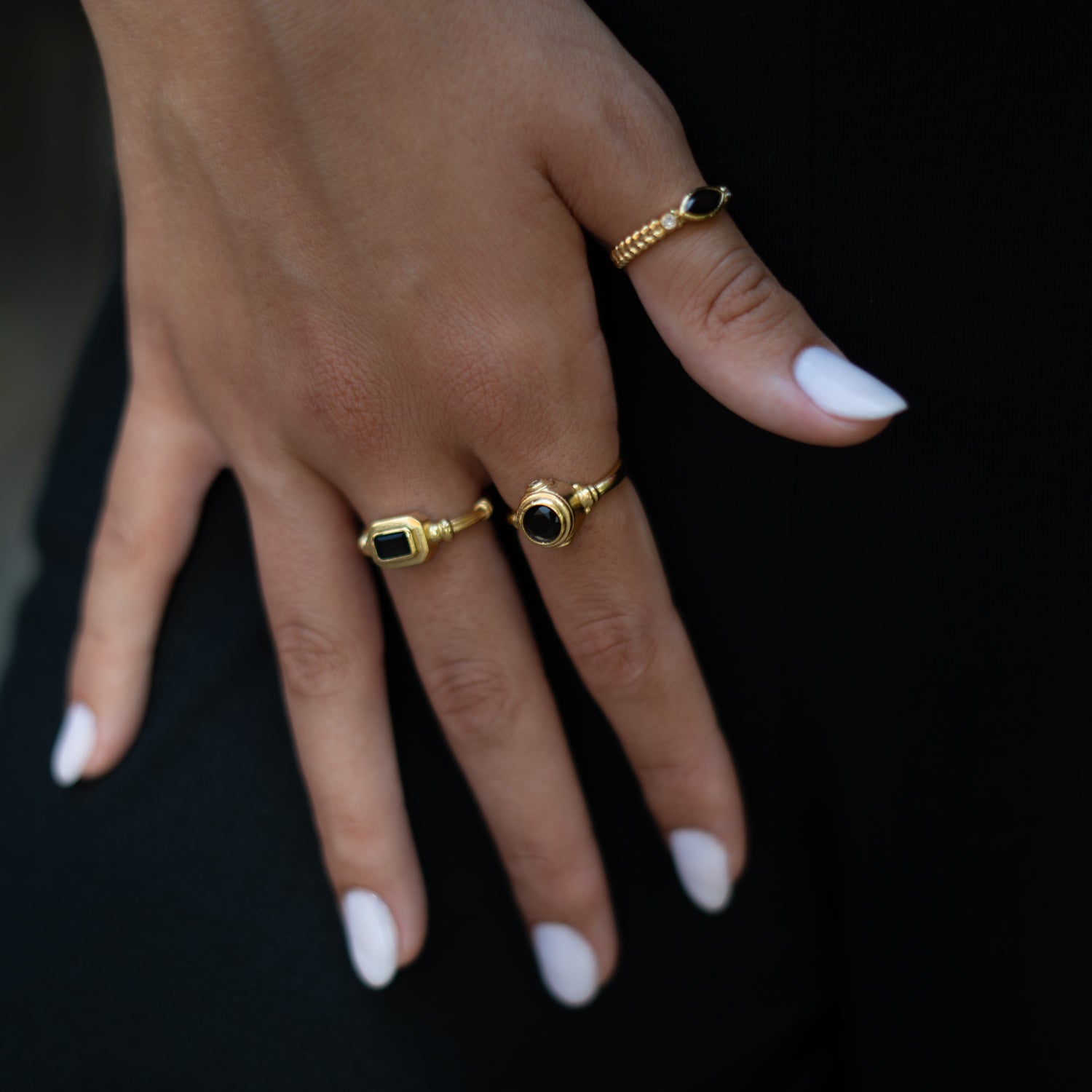 Black Onyx Teardrop Gemstone Adjustable Gold Ring