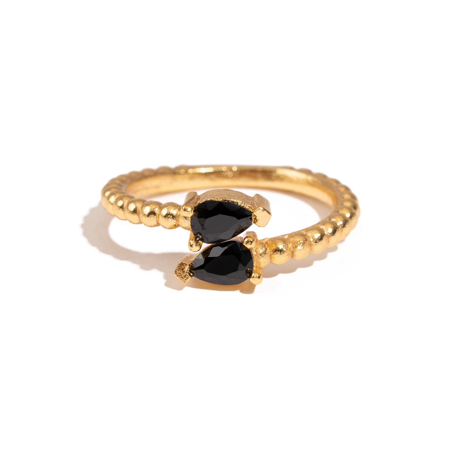 Black Onyx Teardrop Glow Gold Adjustable Ring