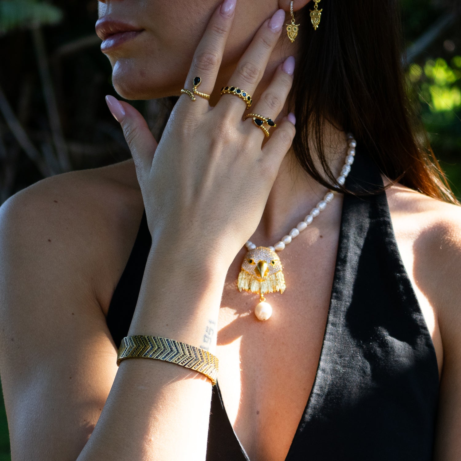 Black Onyx Teardrop Glow Gold Adjustable Ring