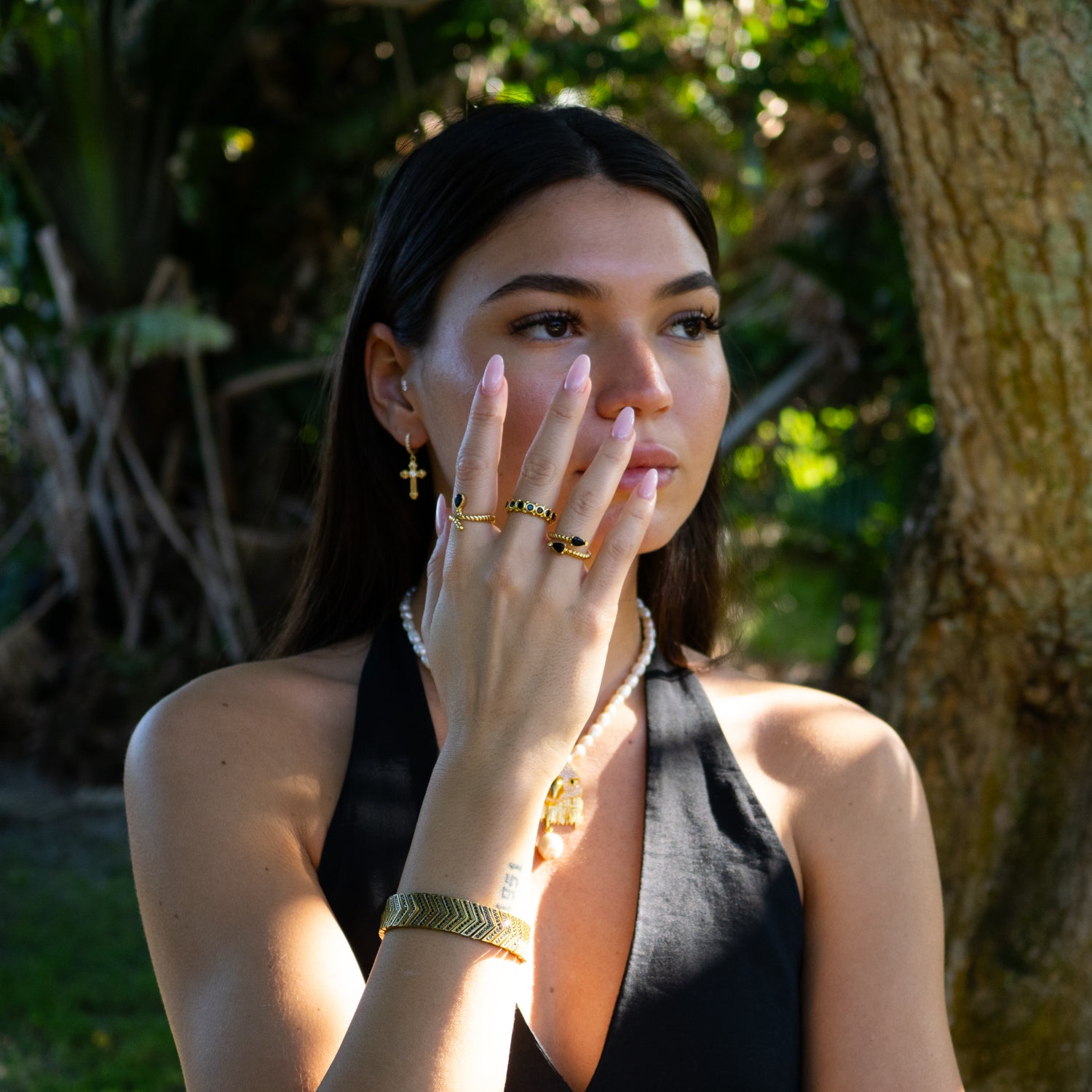 Black Onyx Teardrop Glow Gold Adjustable Ring