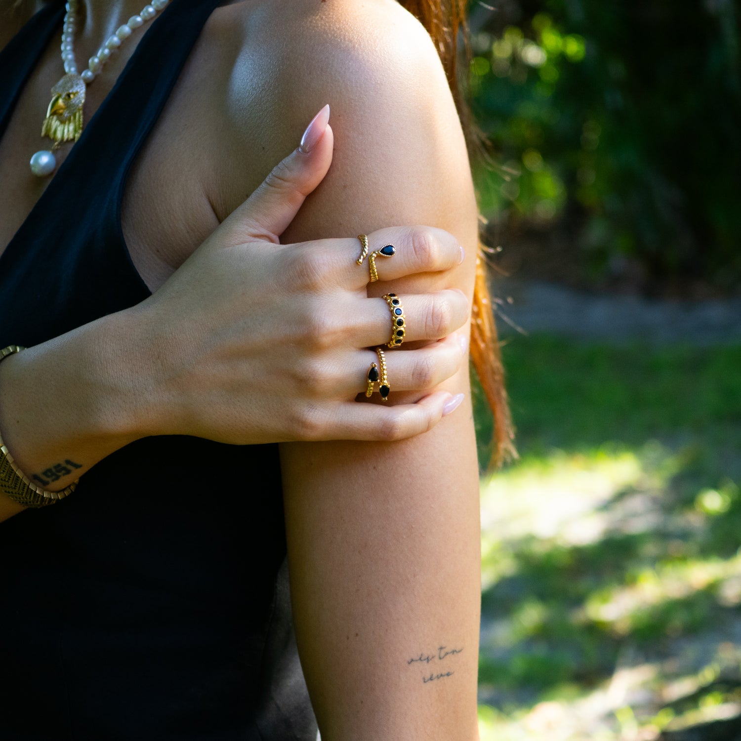 Black Onyx Teardrop Glow Gold Adjustable Ring