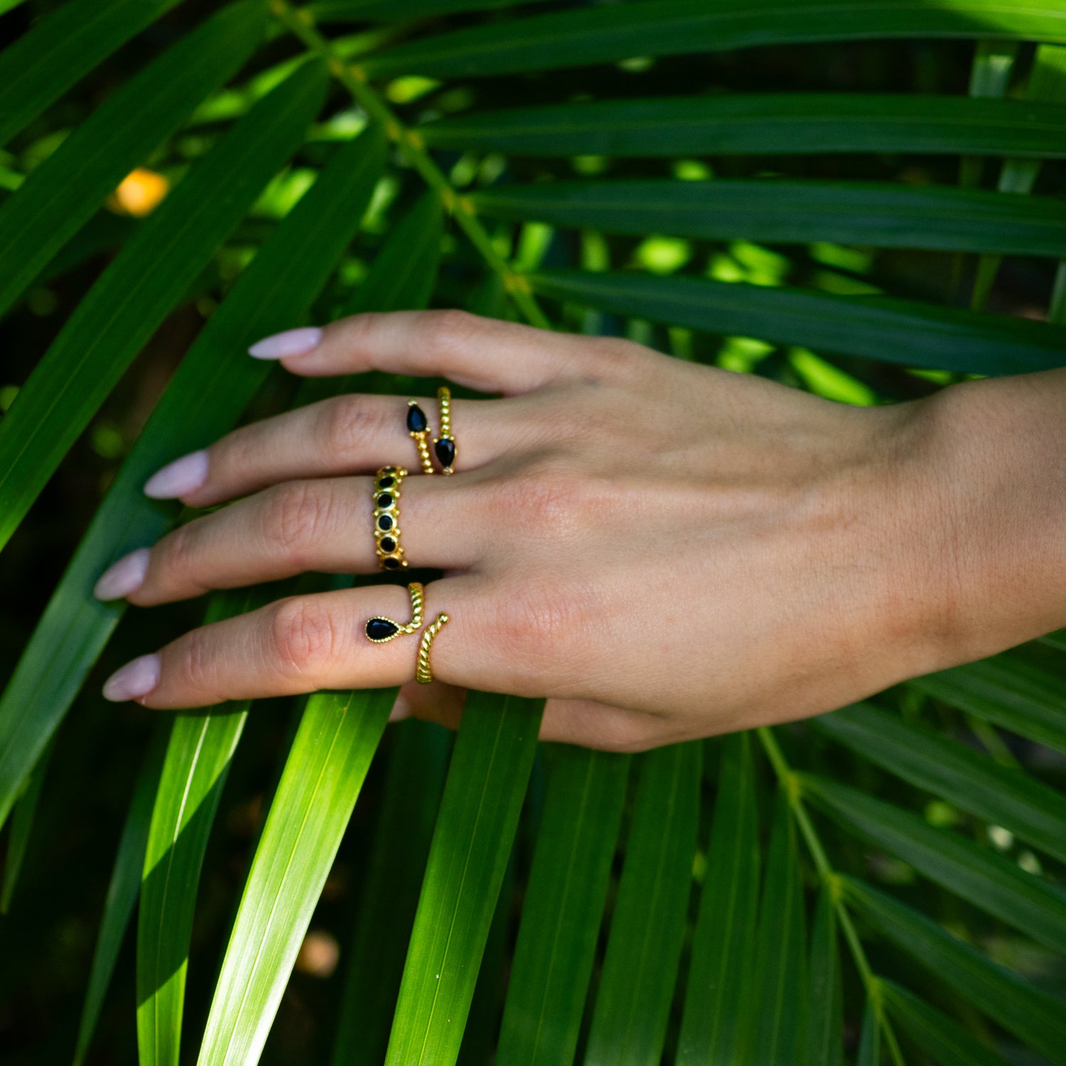 Black Onyx Teardrop Glow Gold Adjustable Ring