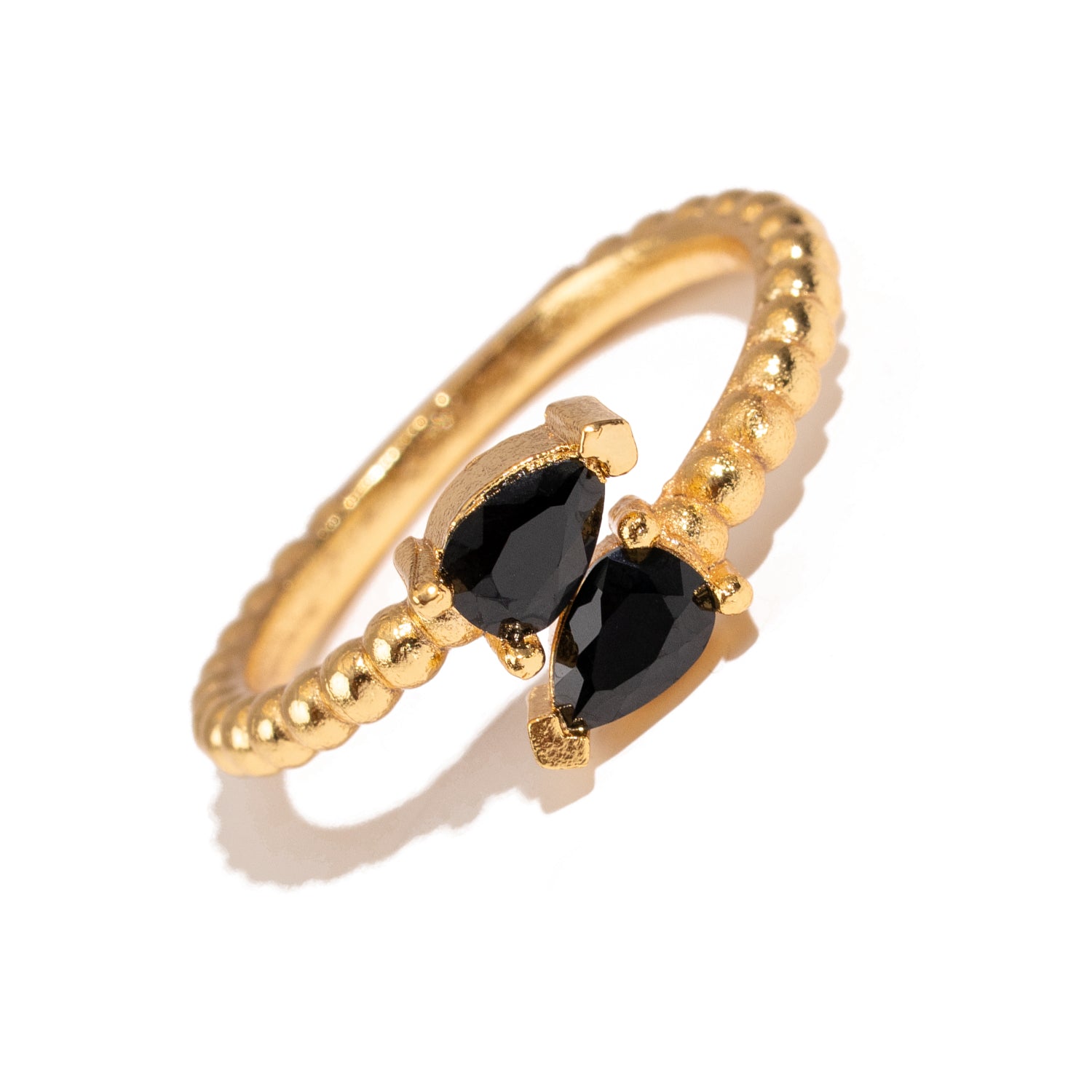 Black Onyx Teardrop Glow Gold Adjustable Ring