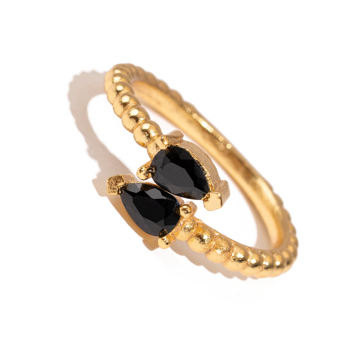 Black Onyx Teardrop Glow Gold Adjustable Ring
