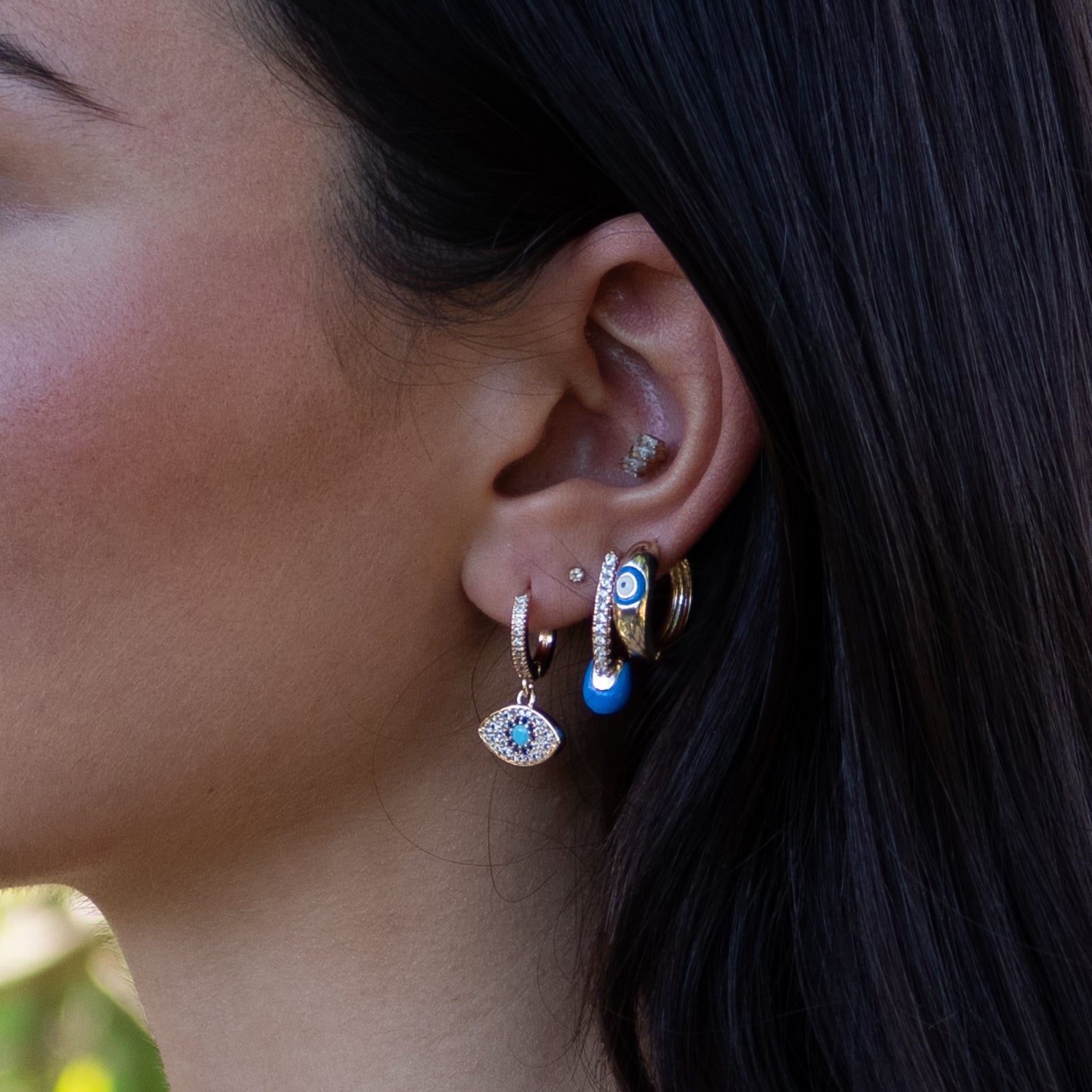 Blue Evil Eye Gold & Diamond Trio Hoop Earring Set