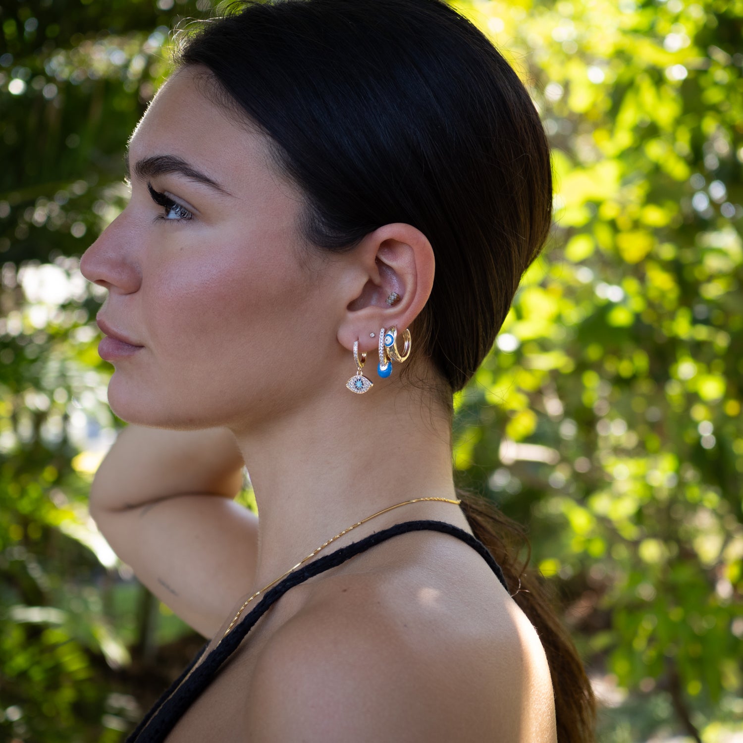 Blue Evil Eye Gold Diamond Trio Hoop Earring Set Ebru Jewelry