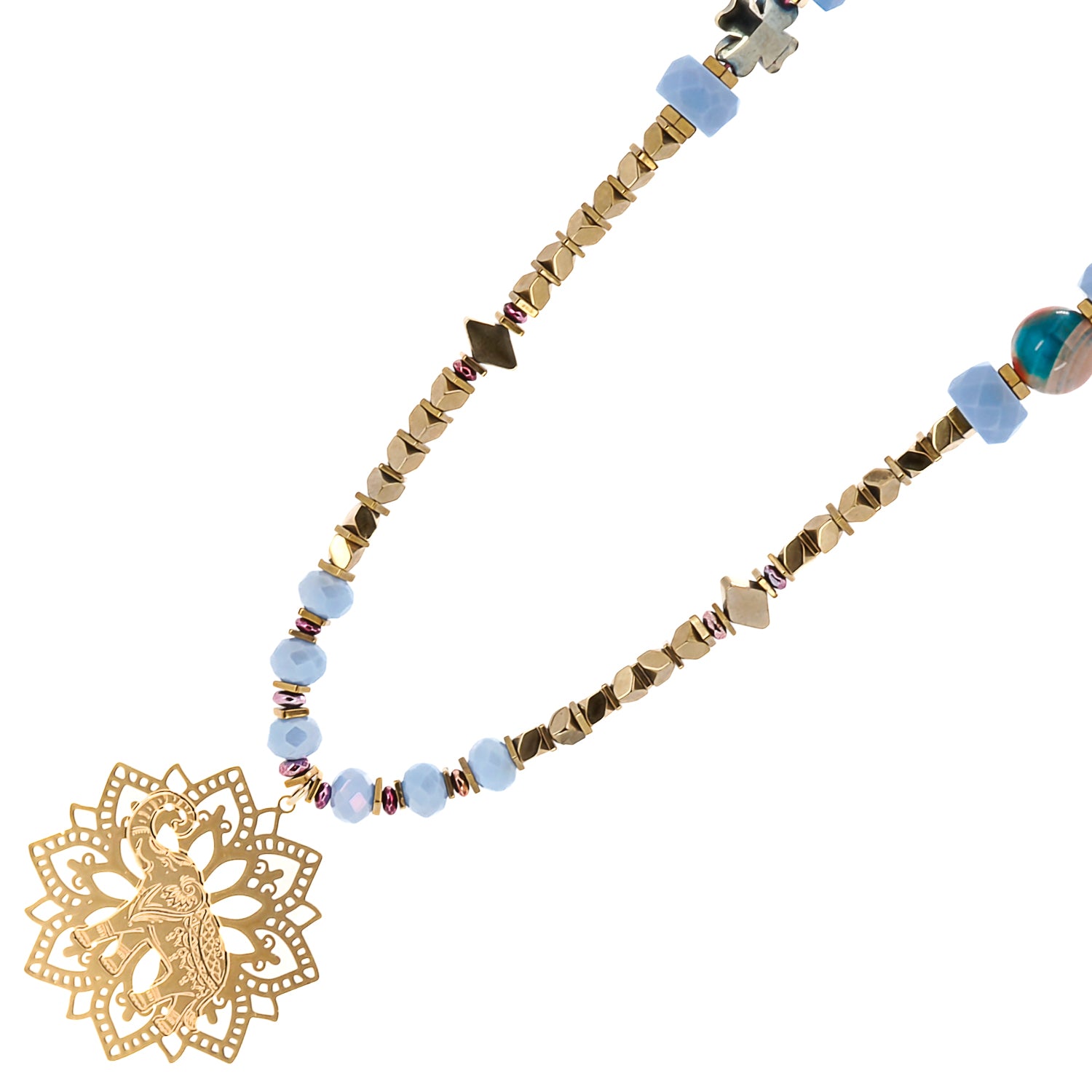 Detailed shot of the faceted blue crystal beads used in the necklace, adding a touch of sparkle and elegance.