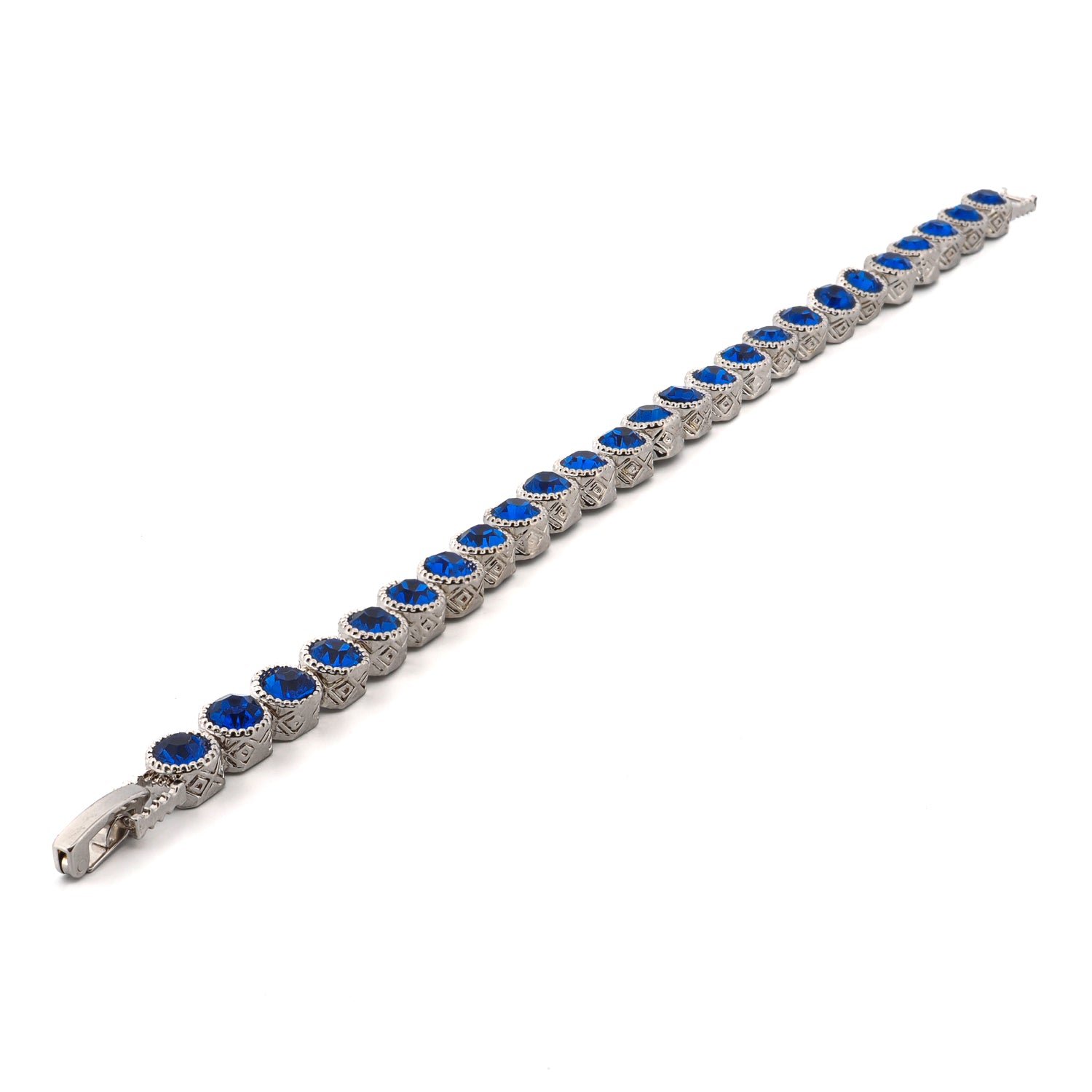 Elegant Blue Sapphire Tennis Bracelet with Spiritual Mystic Engravings on Silver-Plated Bronze Base