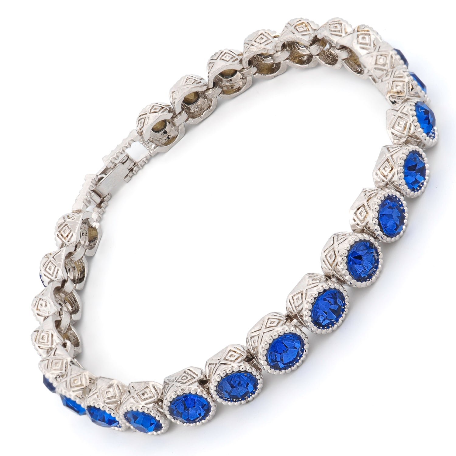 Handcrafted Silver-Plated Blue Sapphire Bracelet with Mystic Engravings for Wisdom and Strength
