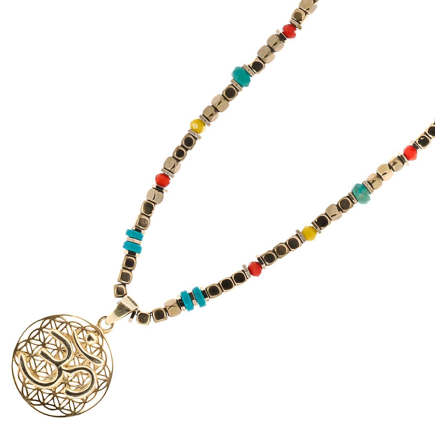 The Breathe Om Gold Necklace, designed as a choker, showcasing the luxurious 18K gold-plated Om pendant as its centerpiece.